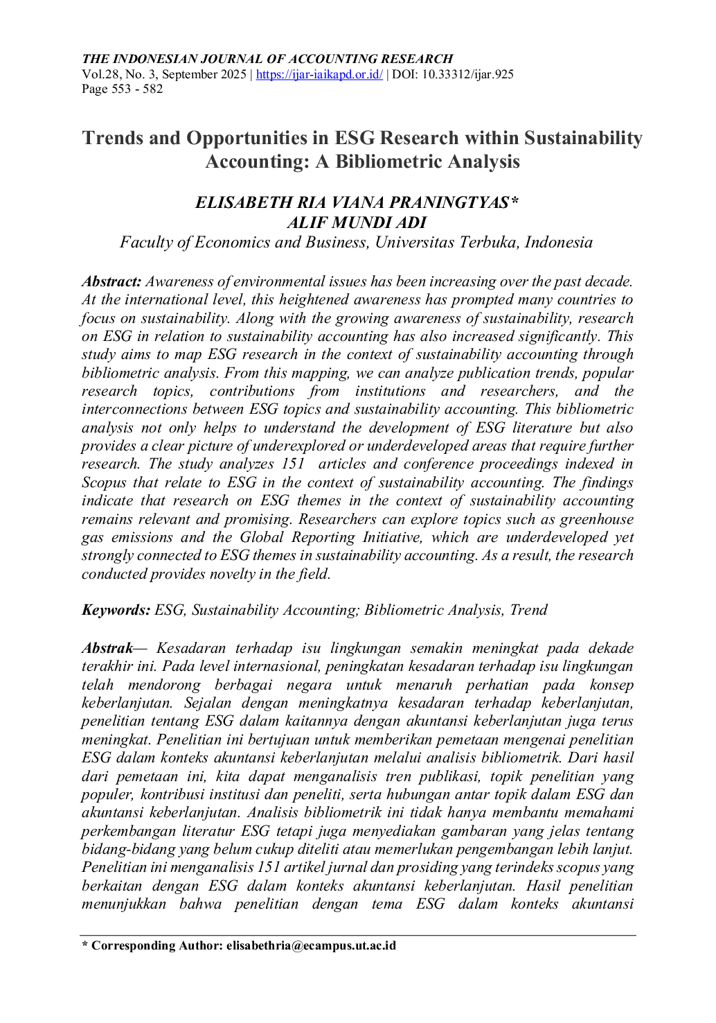 JURIS Trends and Opportunities in ESG Research within Sustainability Accounting A Bibliometric Analysis