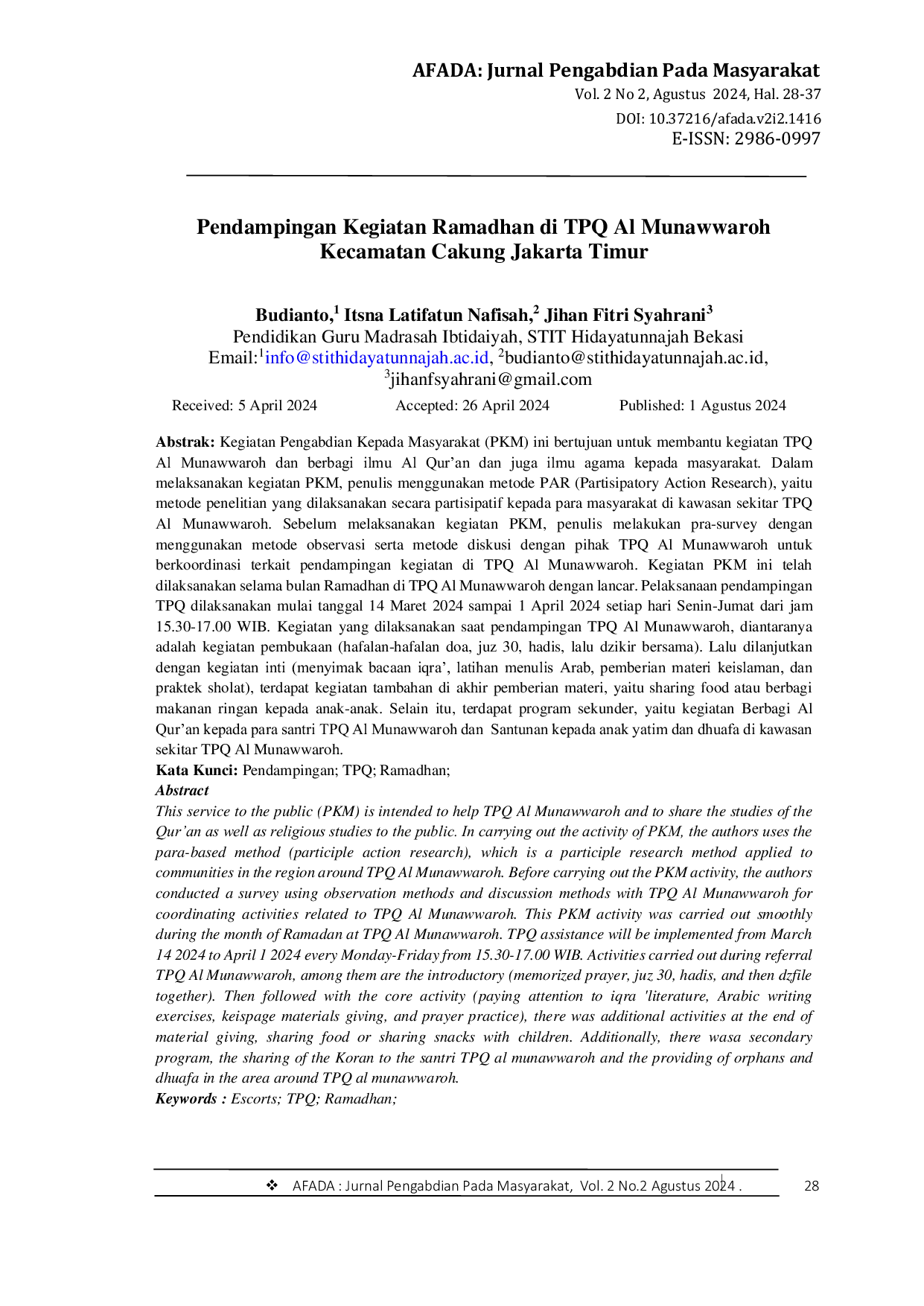 JURIS Pendampingan Kegiatan Ramadhan di TPQ Al Munawwaroh Kecamatan Cakung Jakarta Timur