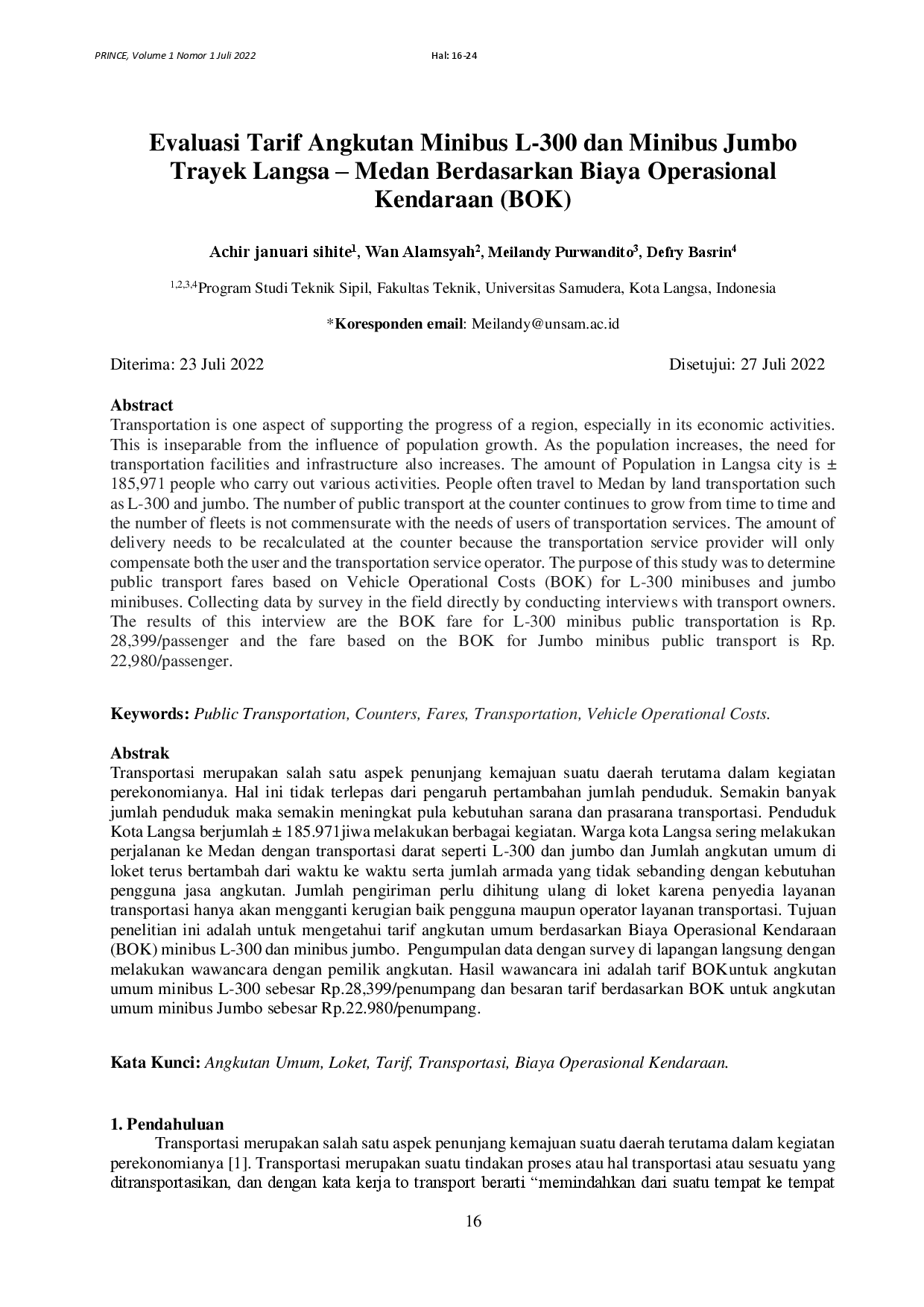 juris Evaluasi Tarif Angkutan Minibus L 300 dan Minibus Jumbo Trayek Langsa Medan Berdasarkan Biaya Operasional Kendaraan BOK