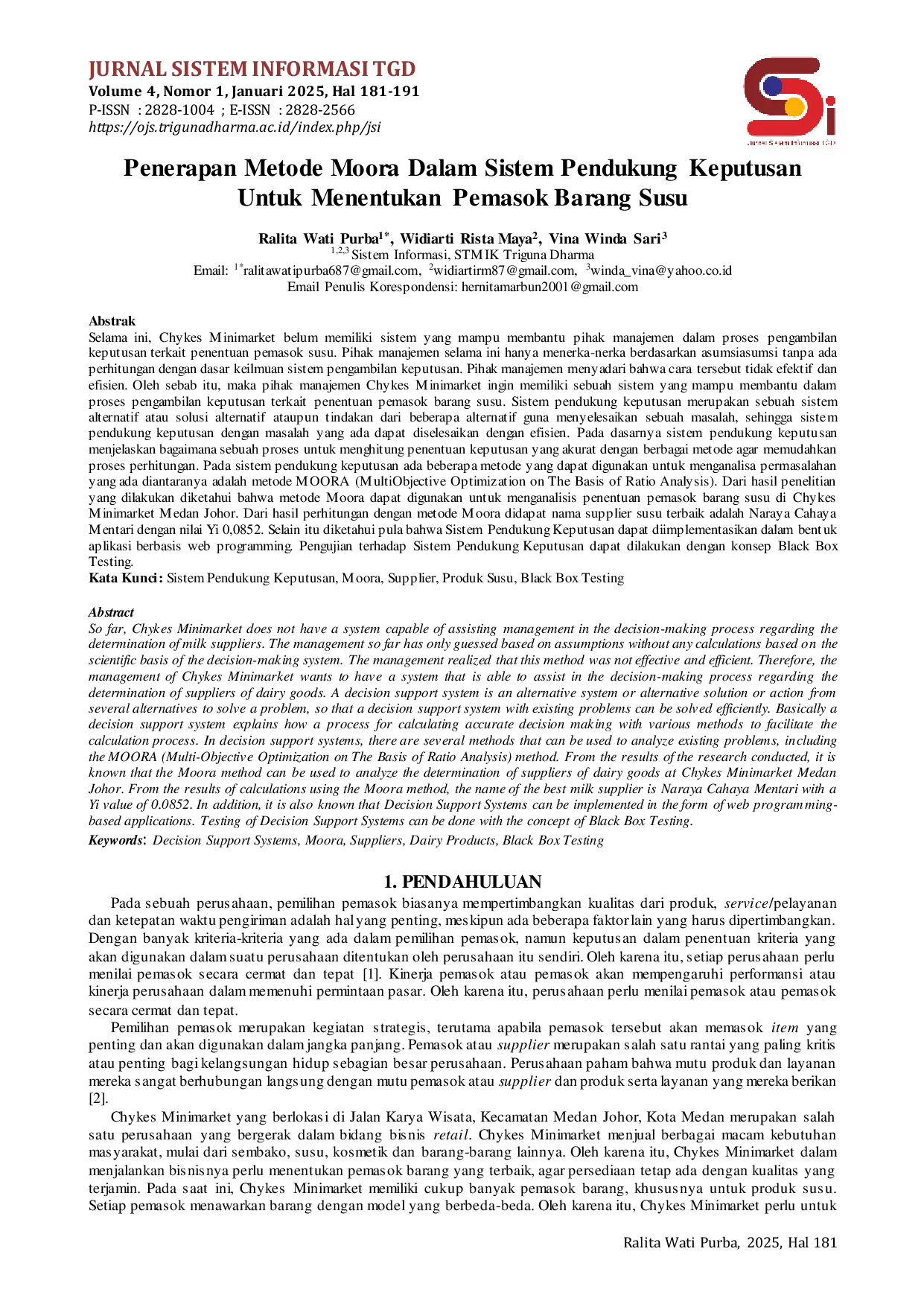 JURIS Penerapan Metode Moora Dalam Sistem Pendukung Keputusan Untuk Menentukan Pemasok Barang Susu