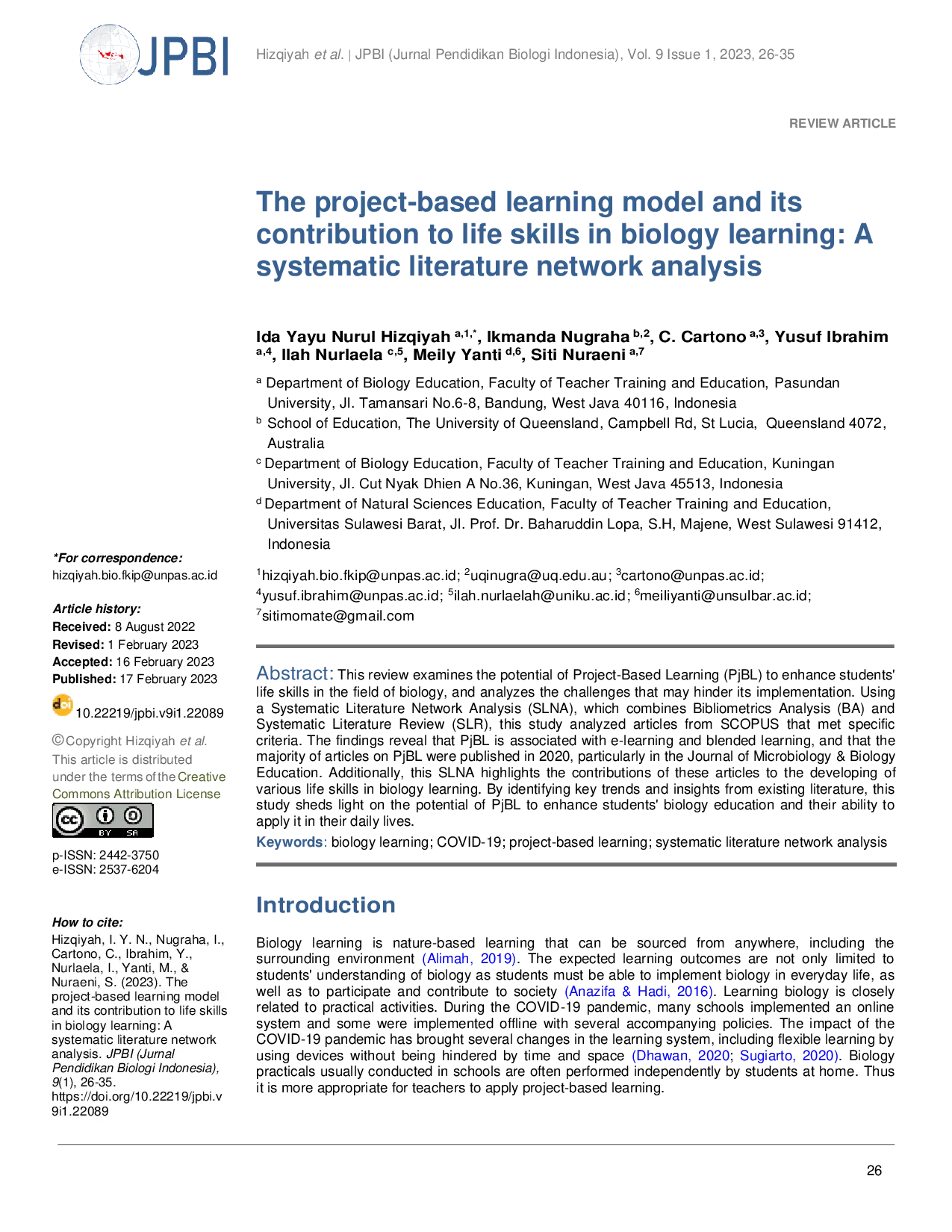 JURIS The project based learning model and its contribution to life skills in biology learning A systematic literature network analysis