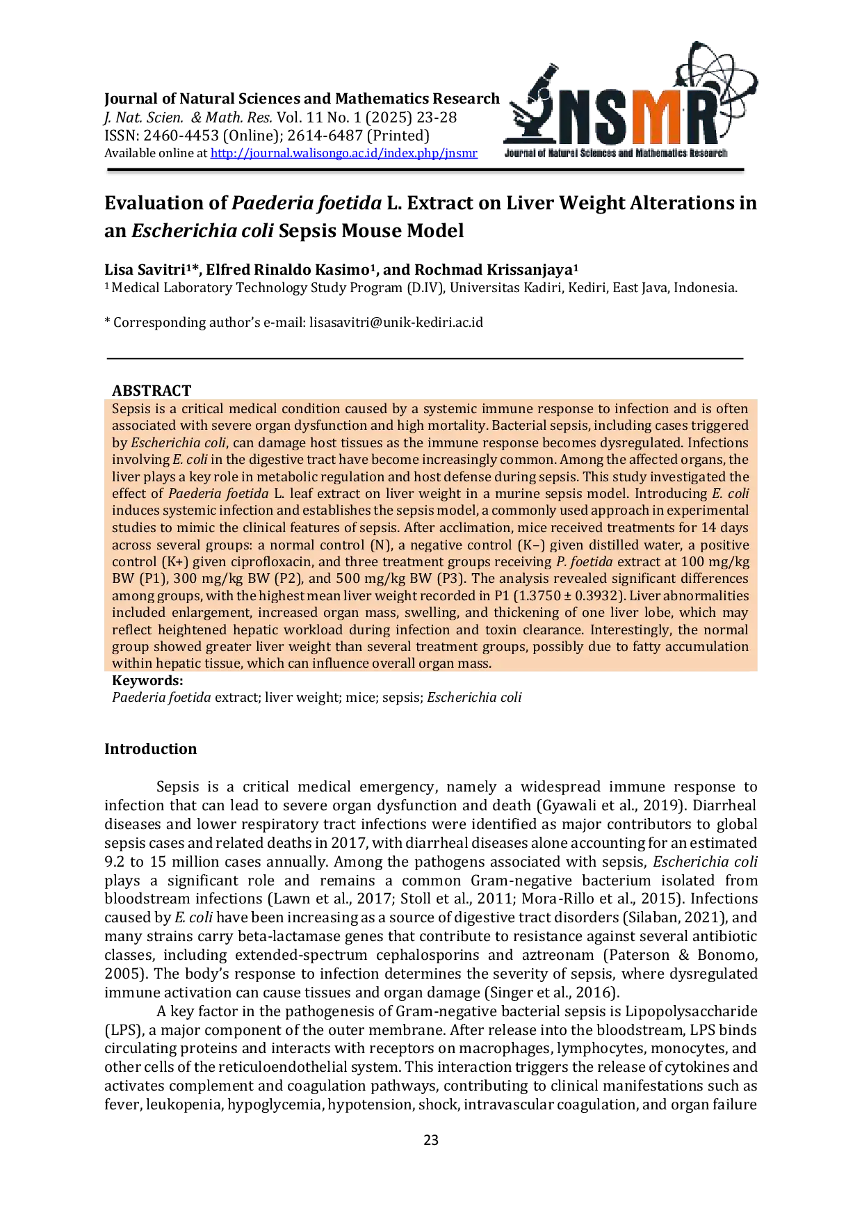 JURIS Evaluation of Paederia foetida L Extract on Liver Weight Alterations in an Escherichia coli Sepsis Mouse Model