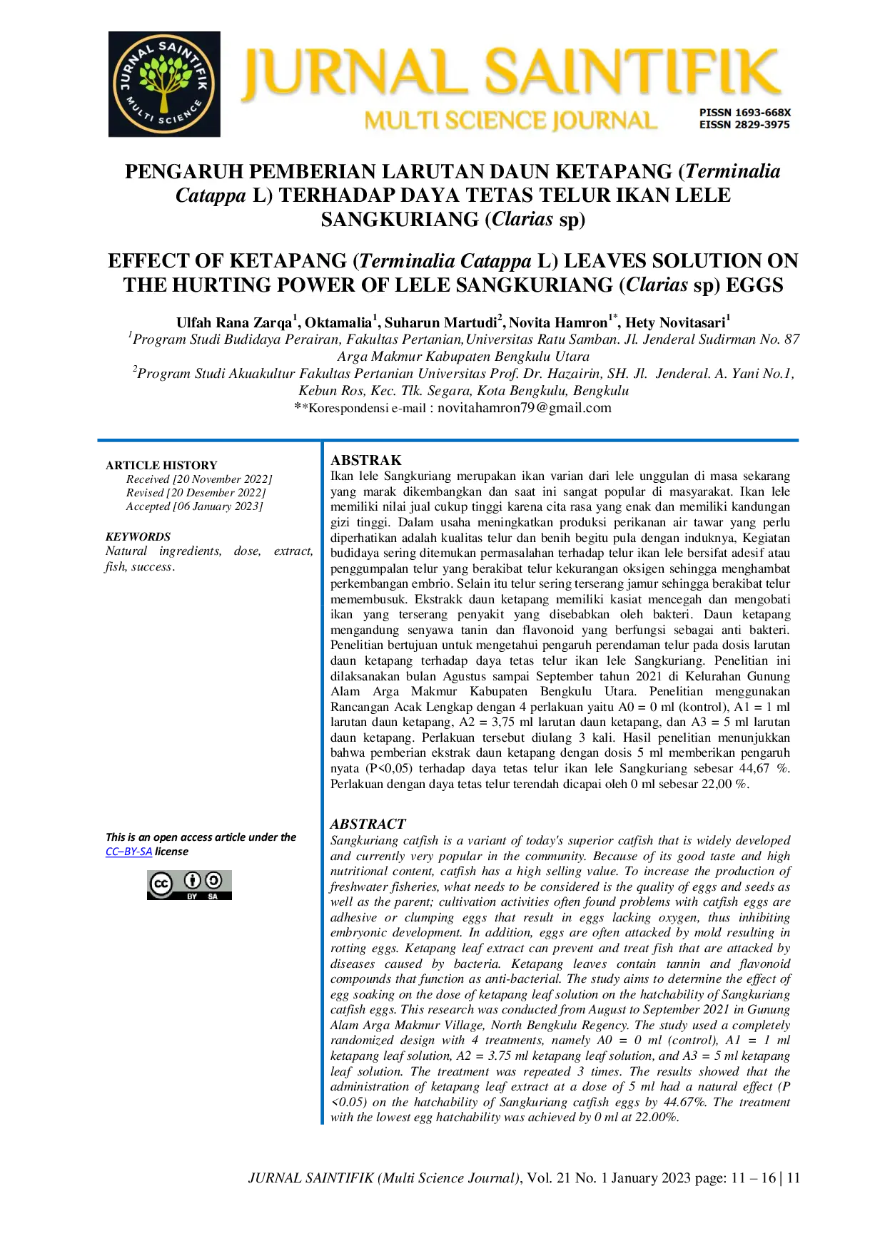 JURIS EFFECT OF KETAPANG Terminalia Catappa L LEAVES SOLUTION ON THE HURTING POWER OF LELE SANGKURIANG Clarias sp EGGS