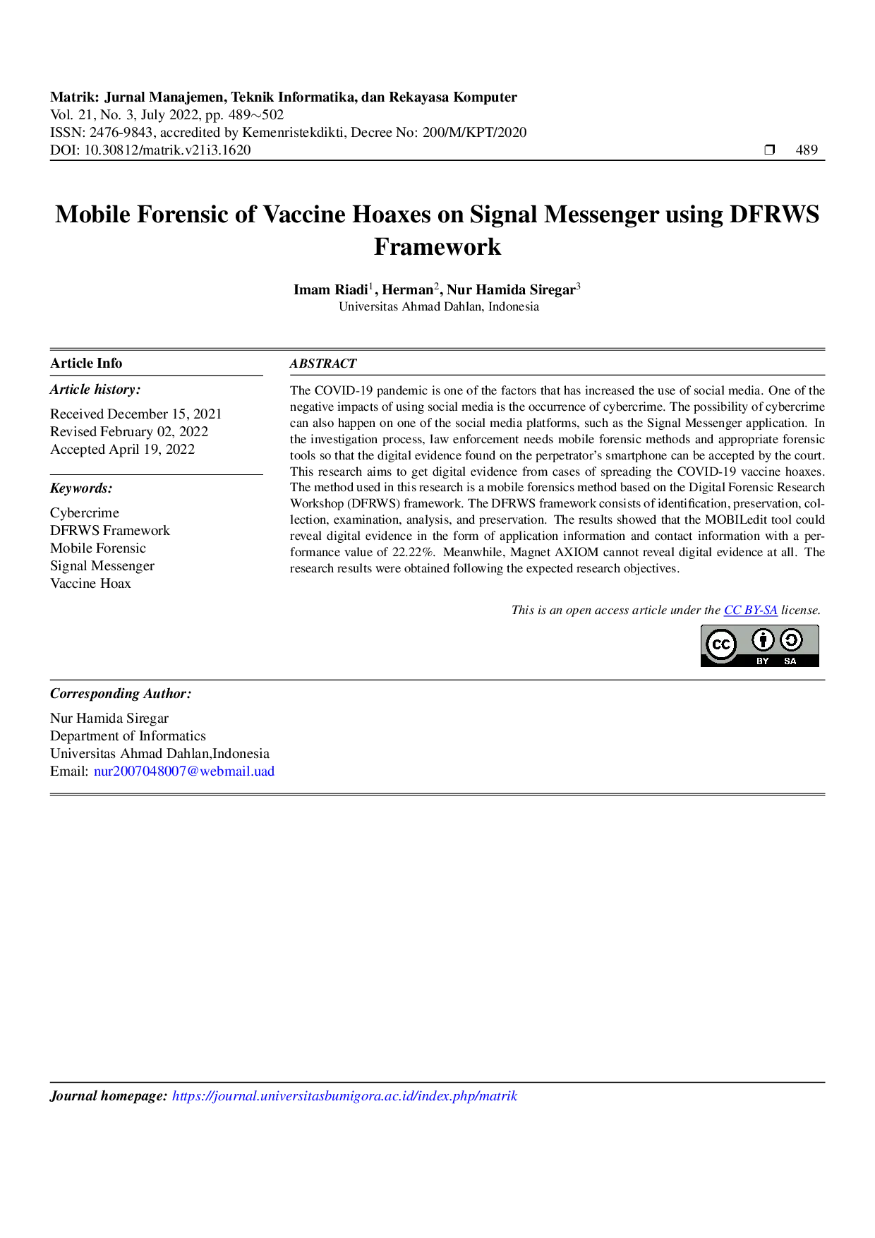 JURIS Mobile Forensic of Vaccine Hoaxes on Signal Messenger using DFRWS Framework