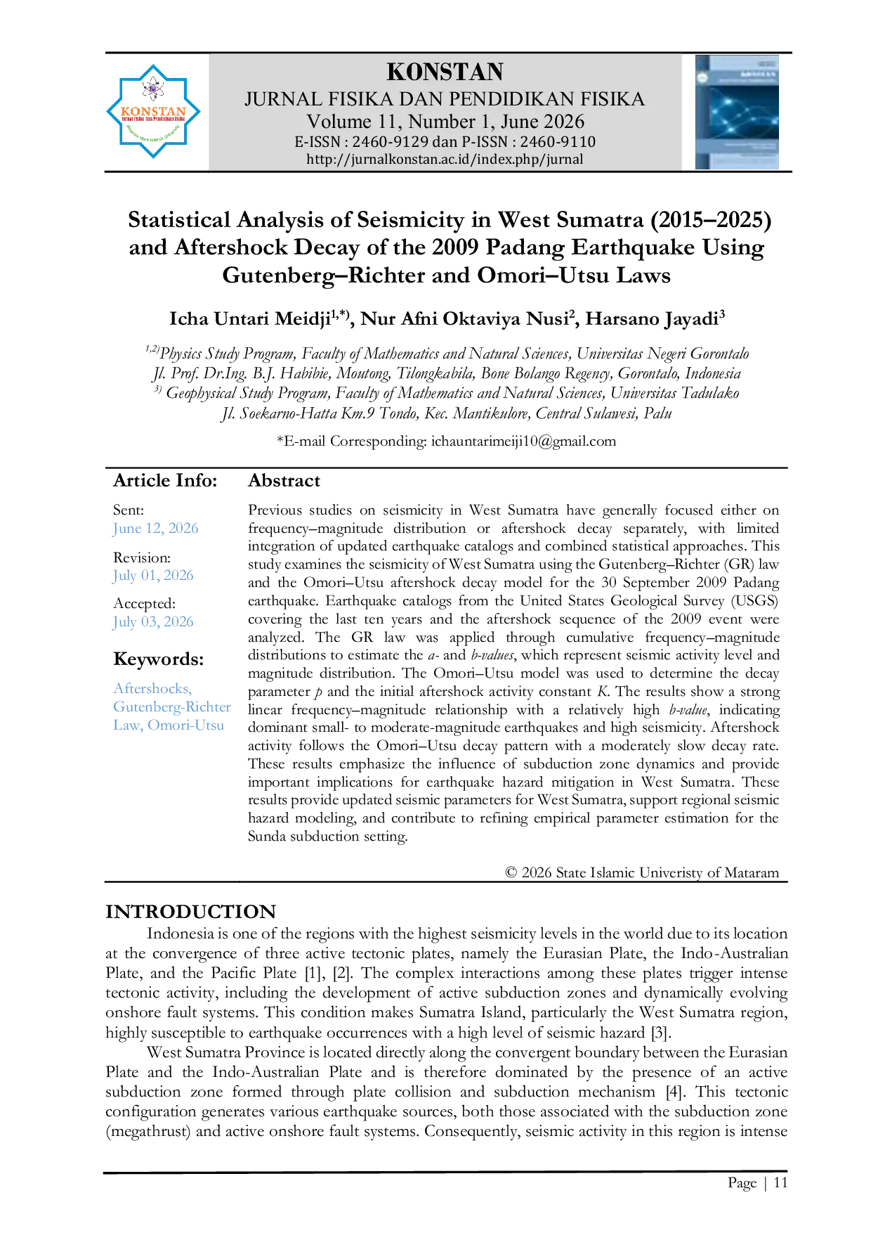 JURIS Statistical Analysis Of Seismicity In West Sumatra 2015 2025 And Aftershock Decay Of The 2009 Padang Earthquake Using Gutenberg Richter And Omori Utsu Laws
