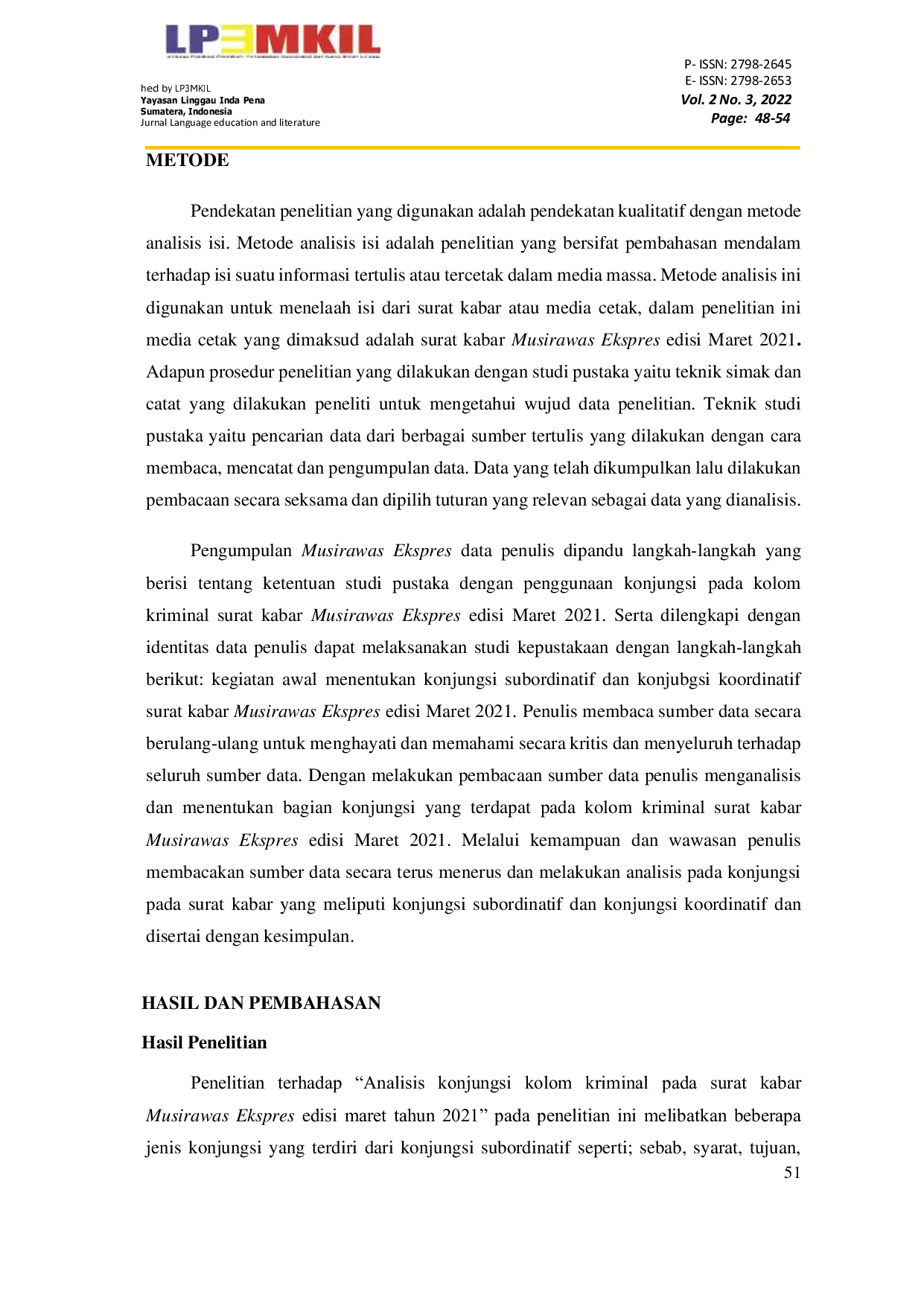 JURIS Analisis Konjungsi pada Kolom Kriminal Surat Kabar Musirawas Ekspres Edisi Maret 2021