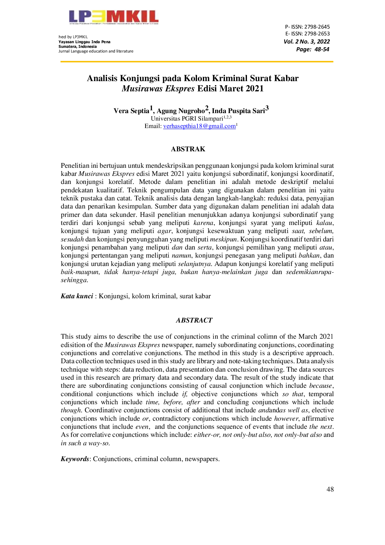 JURIS Analisis Konjungsi pada Kolom Kriminal Surat Kabar Musirawas Ekspres Edisi Maret 2021