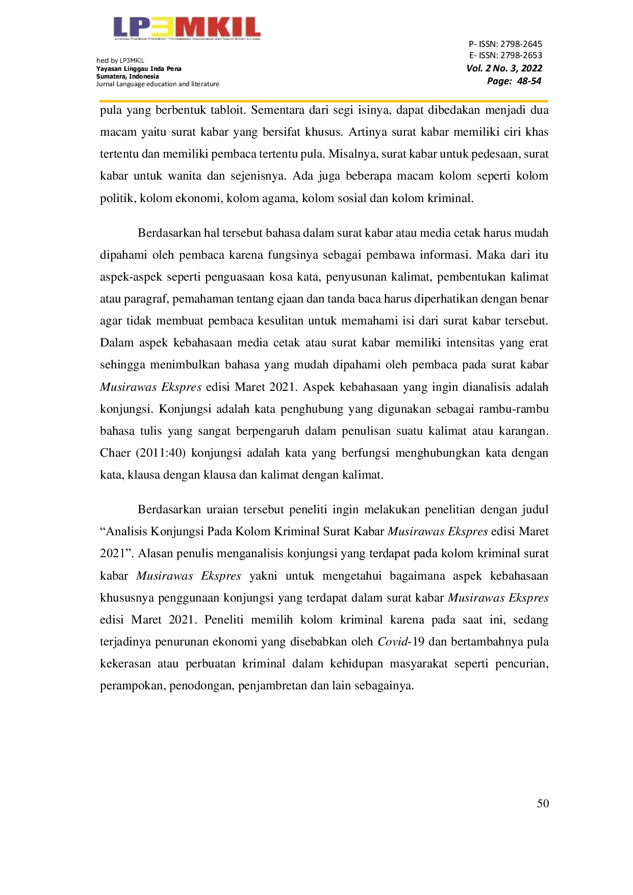 JURIS Analisis Konjungsi pada Kolom Kriminal Surat Kabar Musirawas Ekspres Edisi Maret 2021
