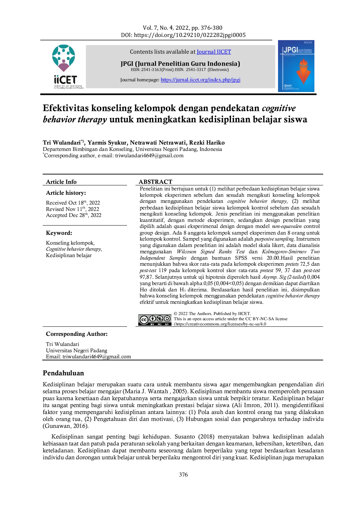 JURIS Efektivitas konseling kelompok dengan pendekatan cognitive behavior therapy untuk meningkatkan kedisiplinan belajar siswa