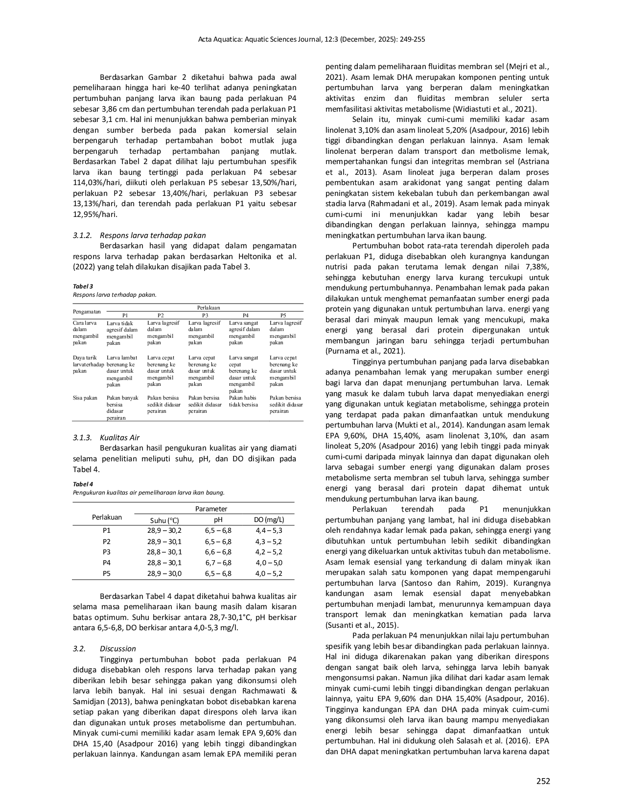 JURIS Feed enrichment with different oil sources on the growth and survival rate of Asian redtail catfish larvae Hemibagrus nemurus