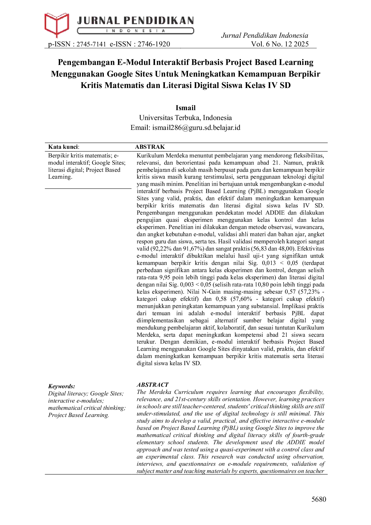JURIS Pengembangan E Modul Interaktif Berbasis Project Based Learning Menggunakan Google Sites Untuk Meningkatkan Kemampuan Berpikir Kritis Matematis dan Literasi Digital Siswa Kelas IV SD