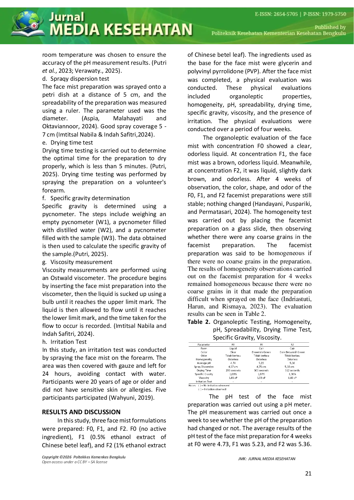 JURIS Formulation Evaluation Of Physical Properties And Skin Irritation Potential Of Facemist Preparation From Ethanolic Extract Of Chinese Betel Leaves Peperomia pellucida L Formulation Evaluation Of