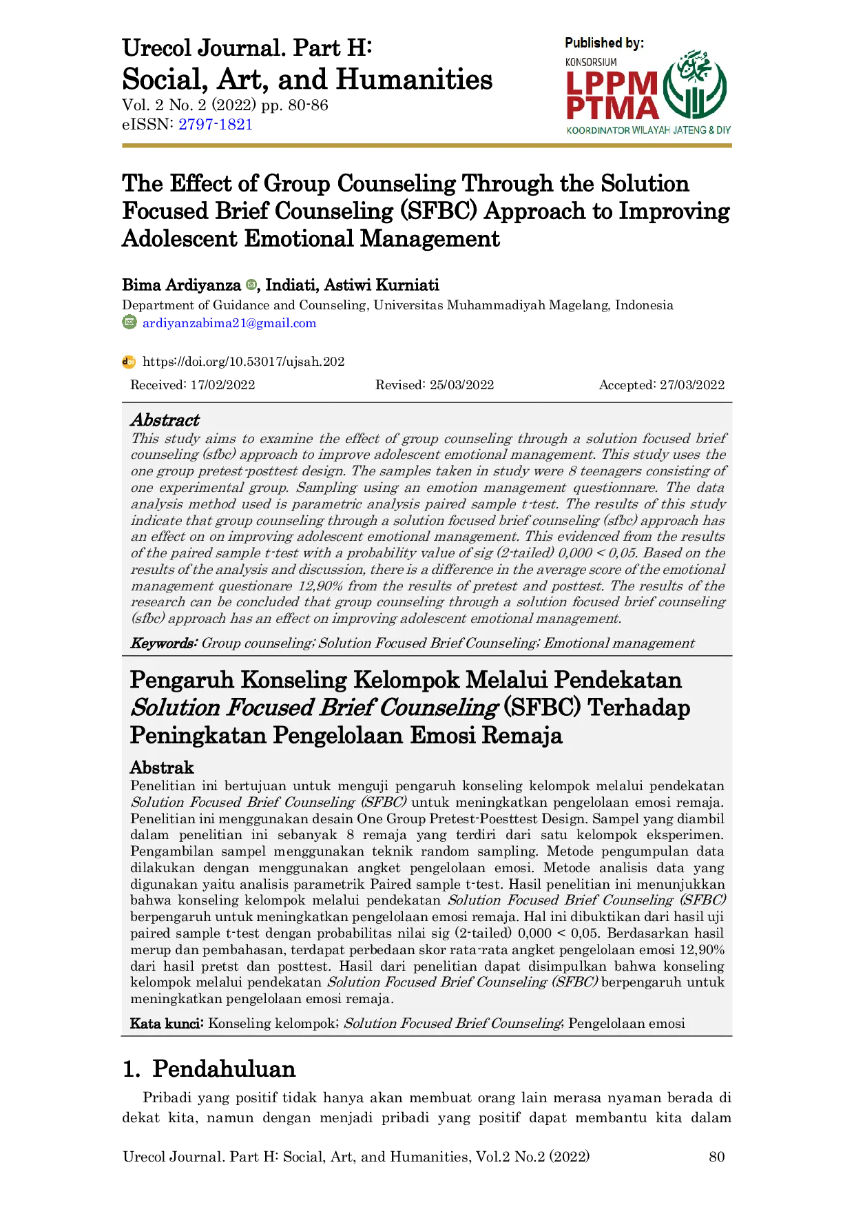 JURIS The Effect of Group Counseling Through the Solution Focused Brief Counseling SFBC Approach to Improving Adolescent Emotional Management
