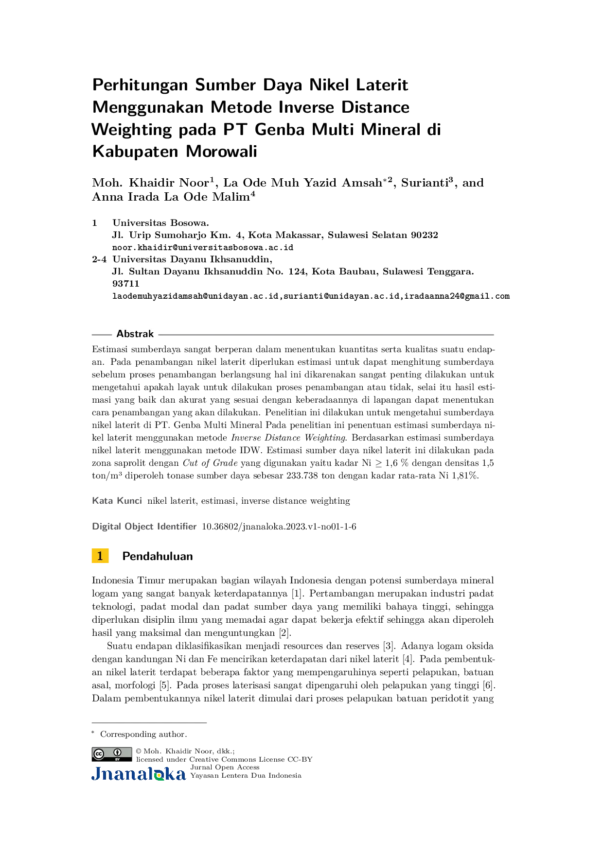 JURIS Calculation of Laterite Nickel Resources Using the Inverse Distance Weighting Method at PT Genba Multi Mineral in Morowali Regency
