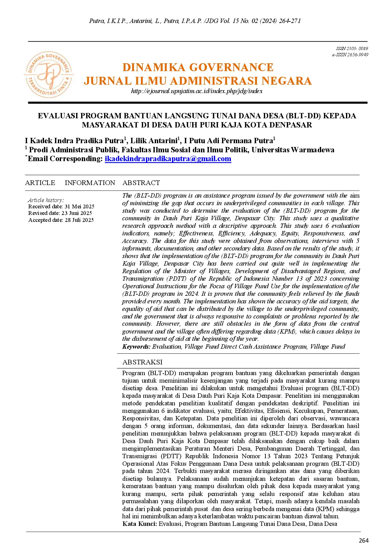 juris Evaluasi Program Bantuan Langsung Tunai Dana Desa BLT DD Kepada Masyarakat Di Desa Dauh Puri Kaja Kota Denpasar