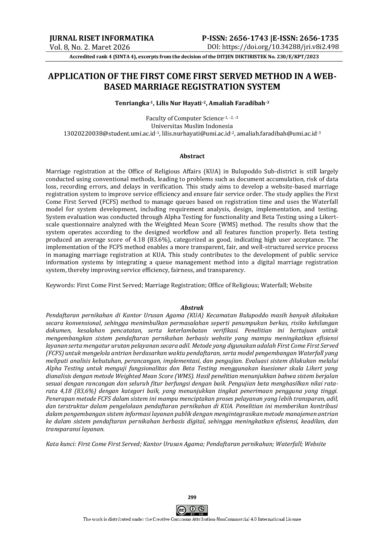 JURIS Application Of The First Come First Served Method In A Web Based Marriage Registration System