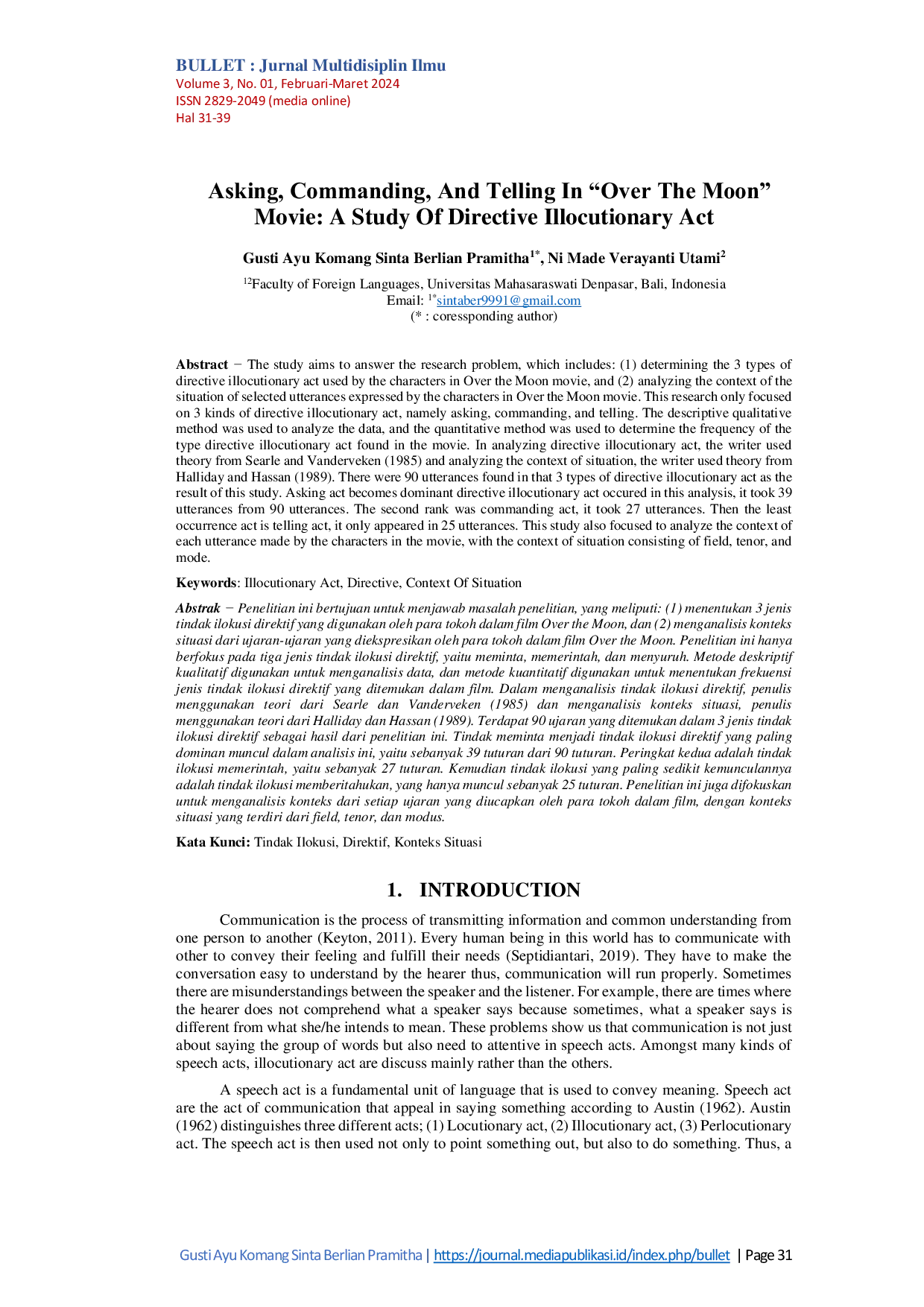 JURIS Asking Commanding And Telling In Over The Moon Movie A Study Of Directive Illocutionary Act