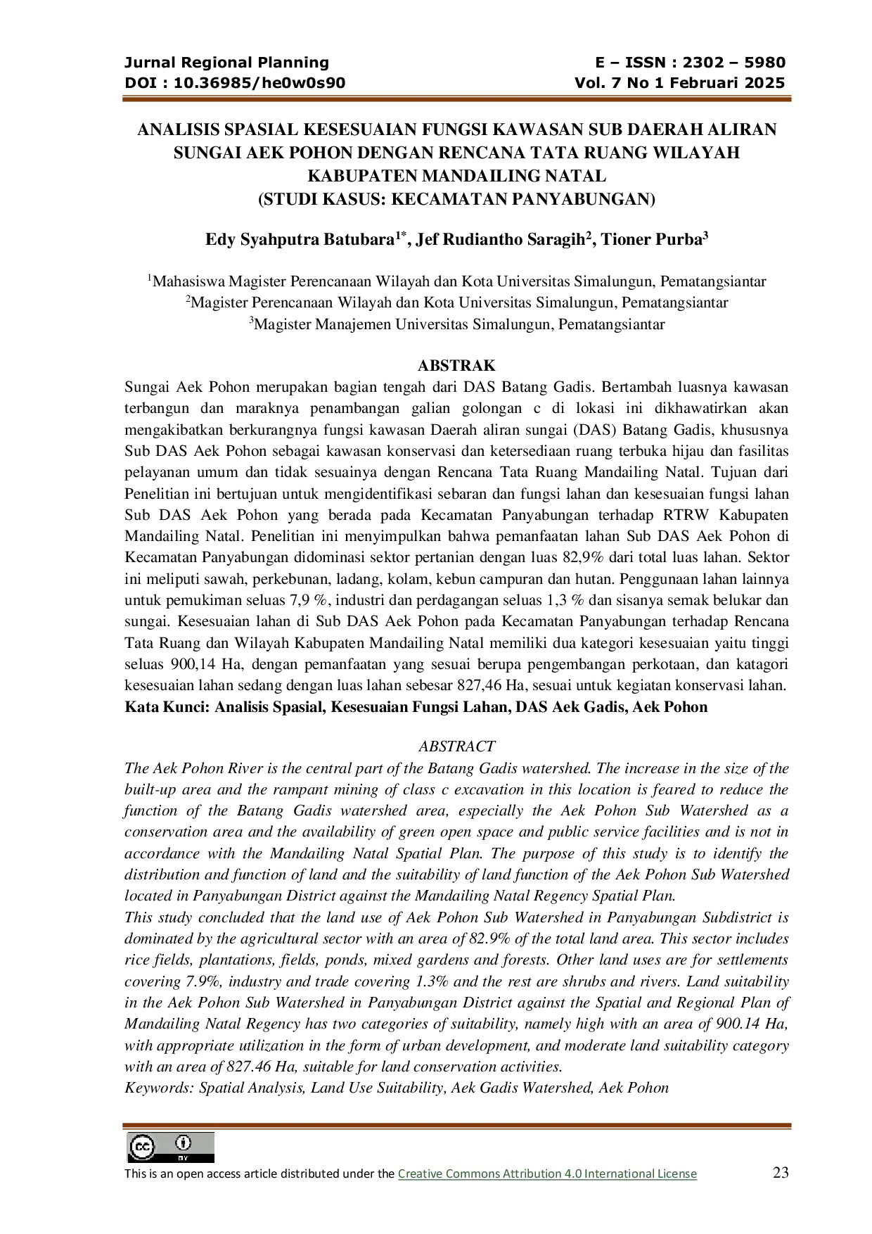 JURIS Analisis Spasial Kesesuaian Fungsi Kawasan Sub Daerah Aliran Sungai Aek Pohon Dengan Rencana Tata Ruang Wilayah Kabupaten Mandailing Natal Studi Kasus Kecamatan Panyabungan