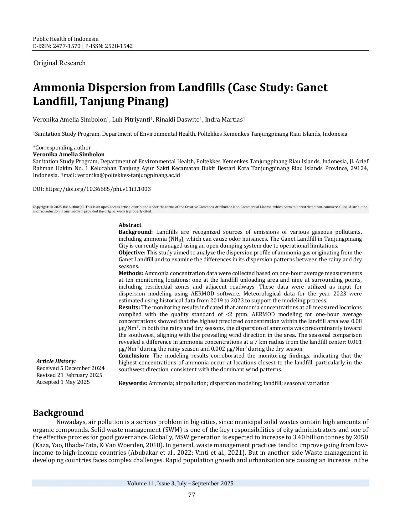 JURIS Ammonia Dispersion from Landfills Case Study Ganet Landfill Tanjung Pinang