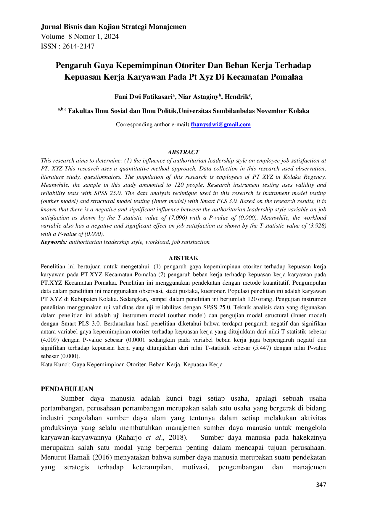 JURIS Pengaruh Gaya Kepemimpinan Otoriter Dan Beban Kerja Terhadap Kepuasan Kerja Karyawan Pada Pt Xyz Di Kecamatan Pomalaa