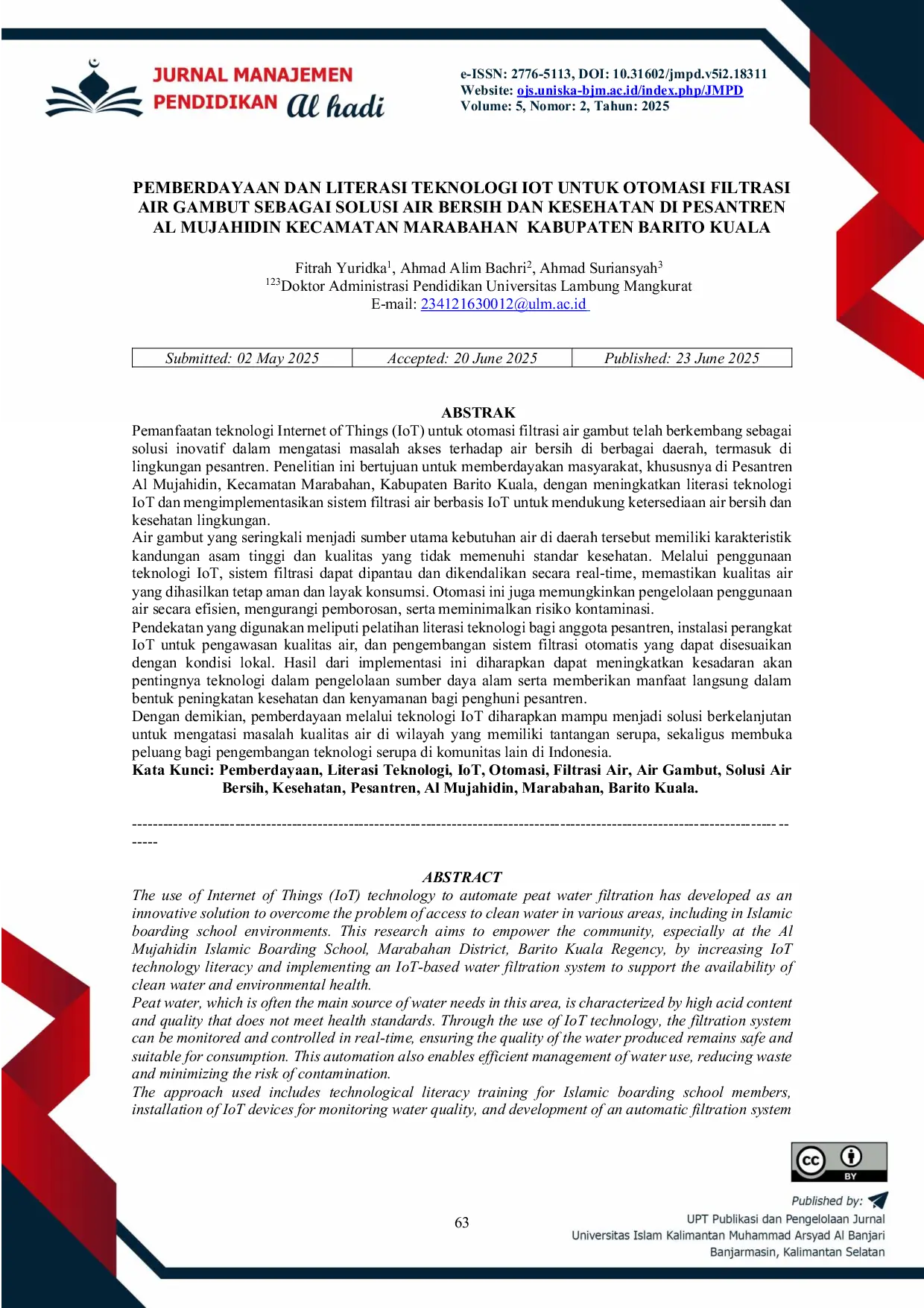 JURIS Pemberdayaan dan Literasi Teknologi IoT untuk Otomasi Filtrasi Air Gambut sebagai Solusi Air Bersih dan Kesehatan di Pesantren Al Mujahidin Kecamatan Marabahan Kabupaten Barito Kuala