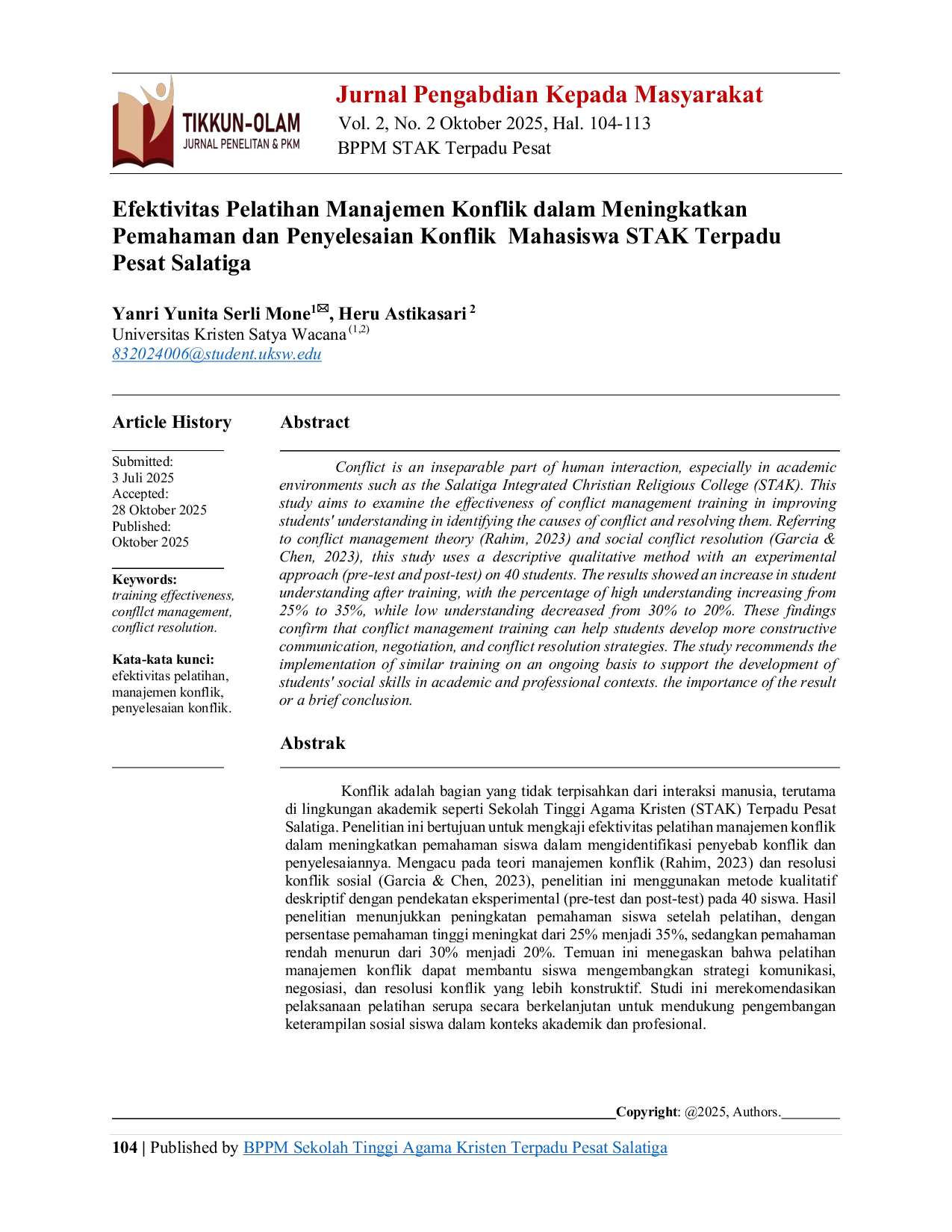 JURIS Efektivitas Pelatihan Manajemen Konflik dalam Meningkatkan Pemahaman dan Penyelesaian Konflik Mahasiswa STAK Terpadu Pesat Salatiga