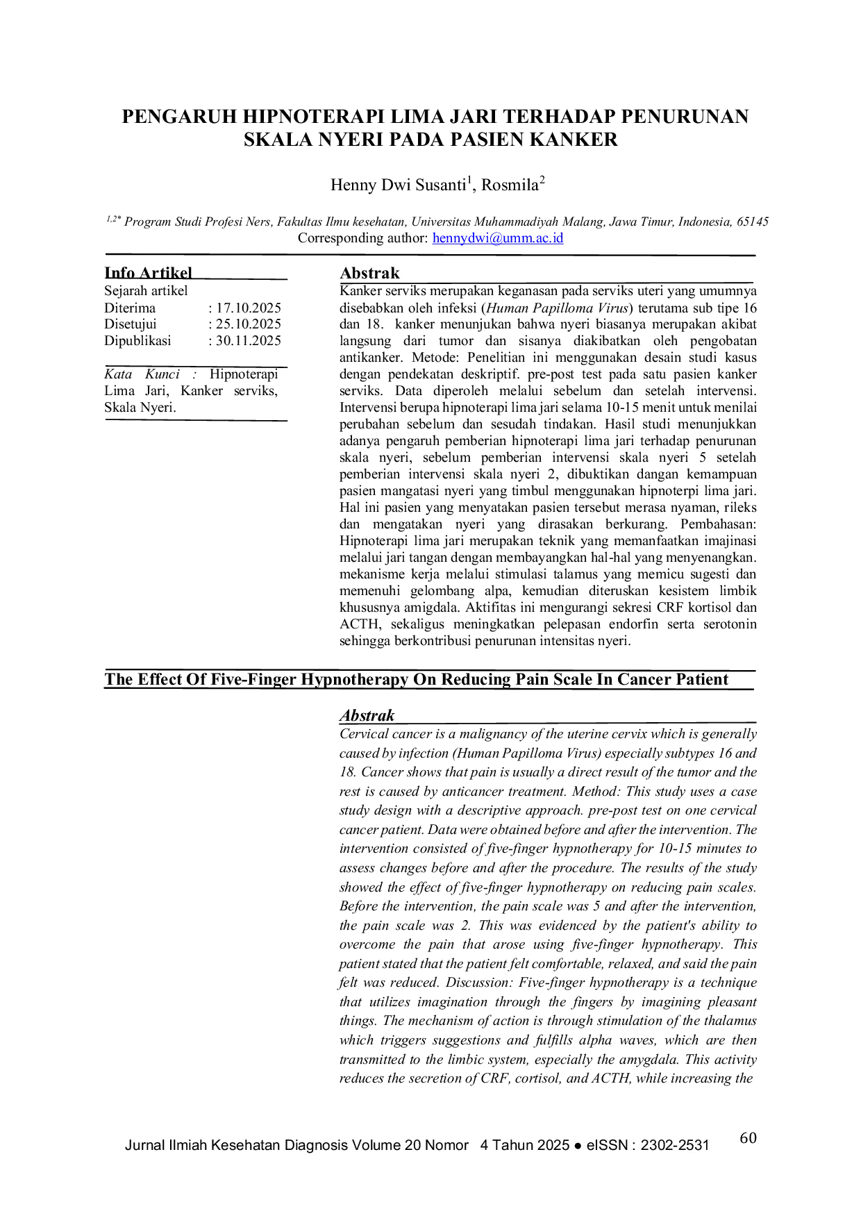JURIS Pengaruh Hipnoterapi Lima Jari Terhadap Penurunan Skala Nyeri Pada Pasien Kanker