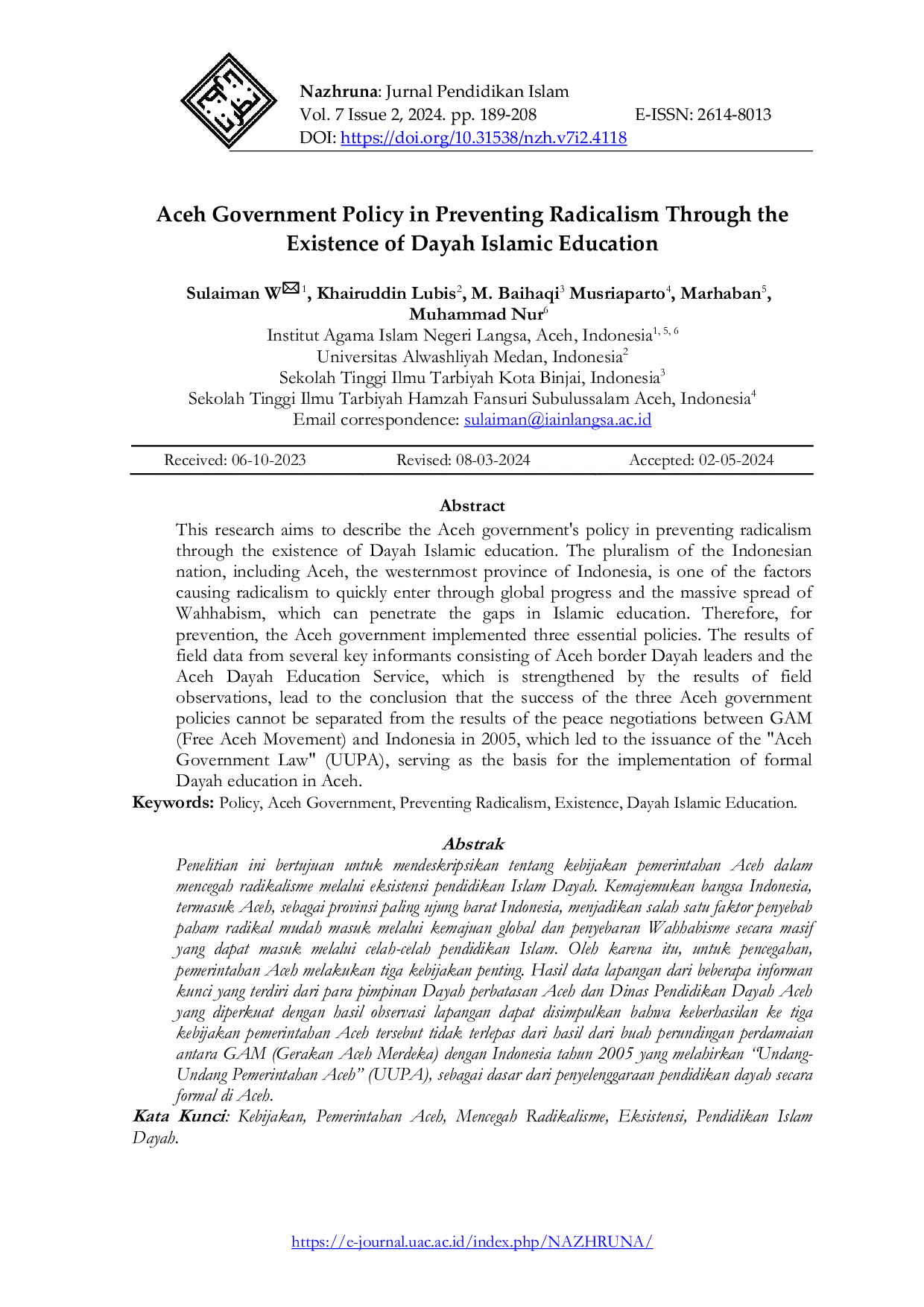 JURIS Aceh Government Policy in Preventing Radicalism Through the Existence of Dayah Islamic Education