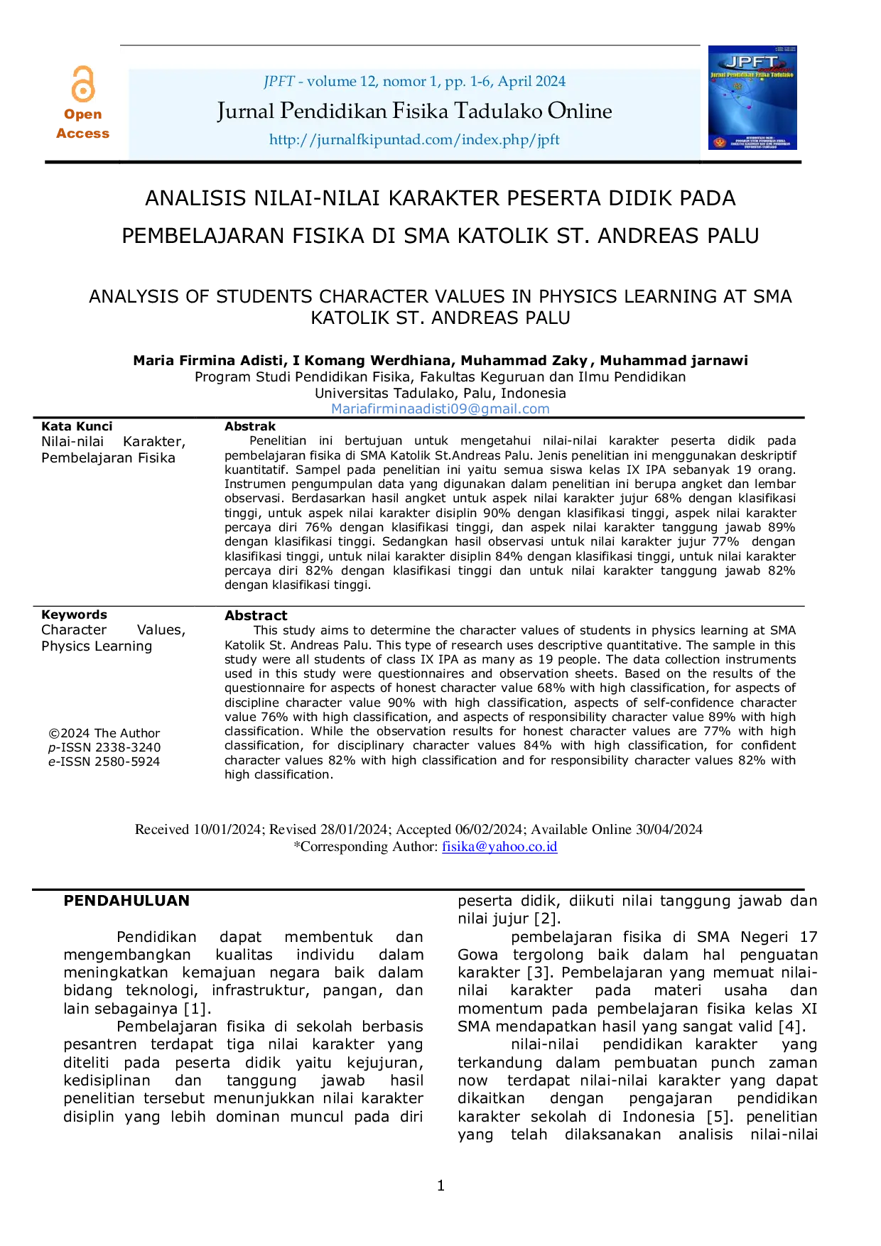 JURIS Analisis Nilai Nilai Karakter Peserta Didik Pada Pembelajaran Fisika Di SMA Katolik St Andreas Palu