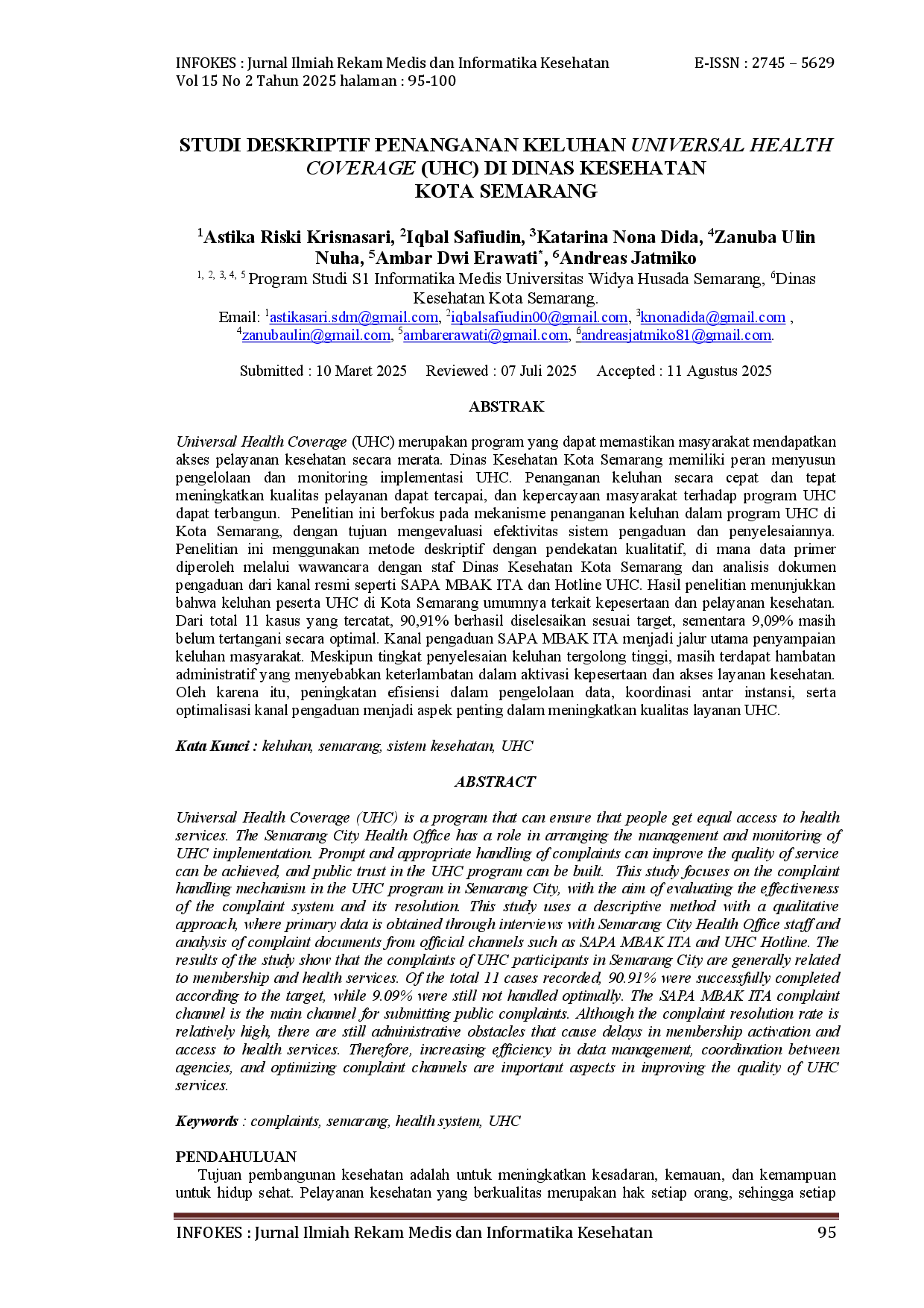 juris Studi Deskriptif Penanganan Keluhan Universal Health Coverage UHC Di Dinas Kesehatan Kota Semarang
