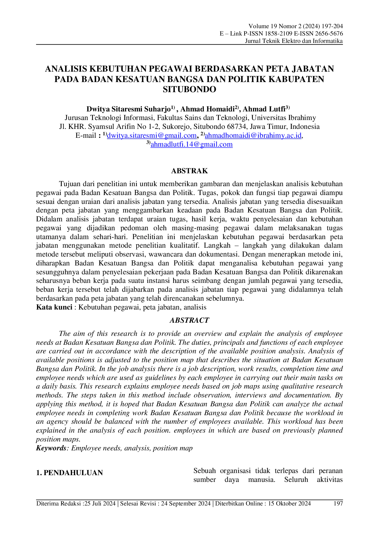 JURIS Analisis Kebutuhan Pegawai Berdasarkan Peta Jabatan Pada Badan Kesatuan Bangsa Dan Politik Kabupaten Situbondo