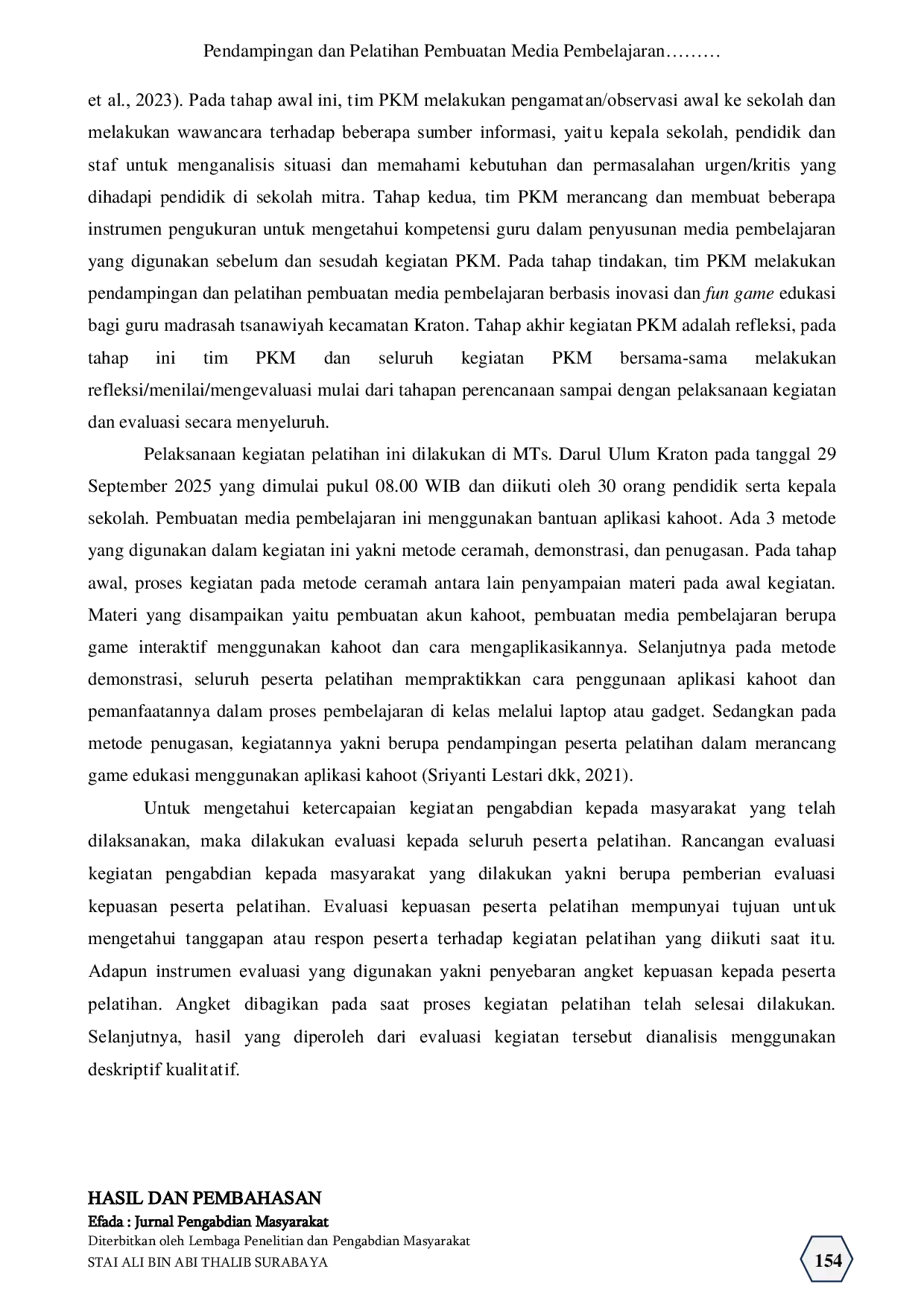 JURIS Pendampingan dan Pelatihan Pembuatan Media Pembelajaran Berbasis Inovasi dan Fun Game Edukasi Bagi Guru Madrasah Tsanawiyah Kecamatan Kraton