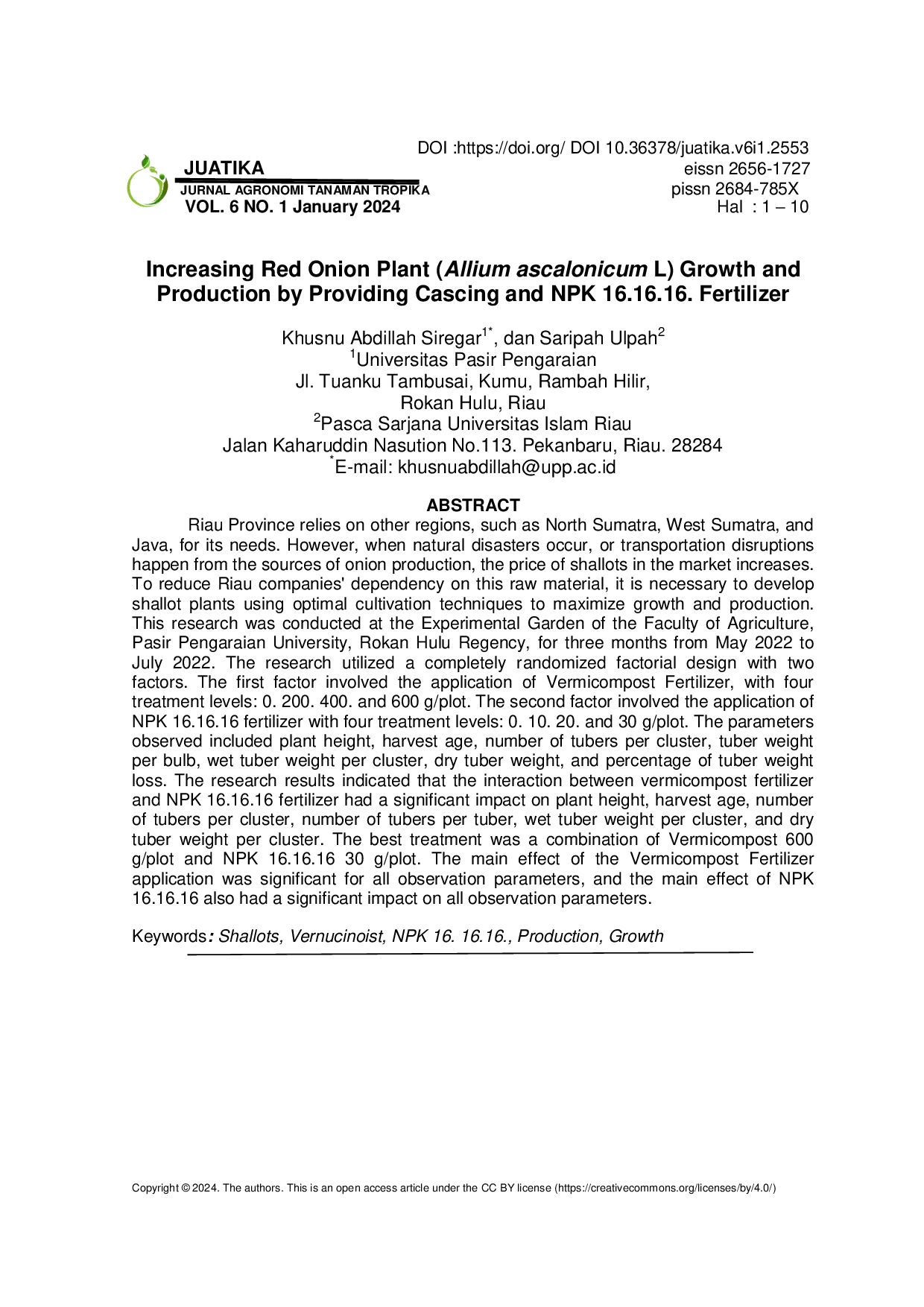 JURIS Increasing Red Onion Plant Allium ascalonicum L Growth and Production by Providing Cascing and NPK 16 16 16 Fertilizer