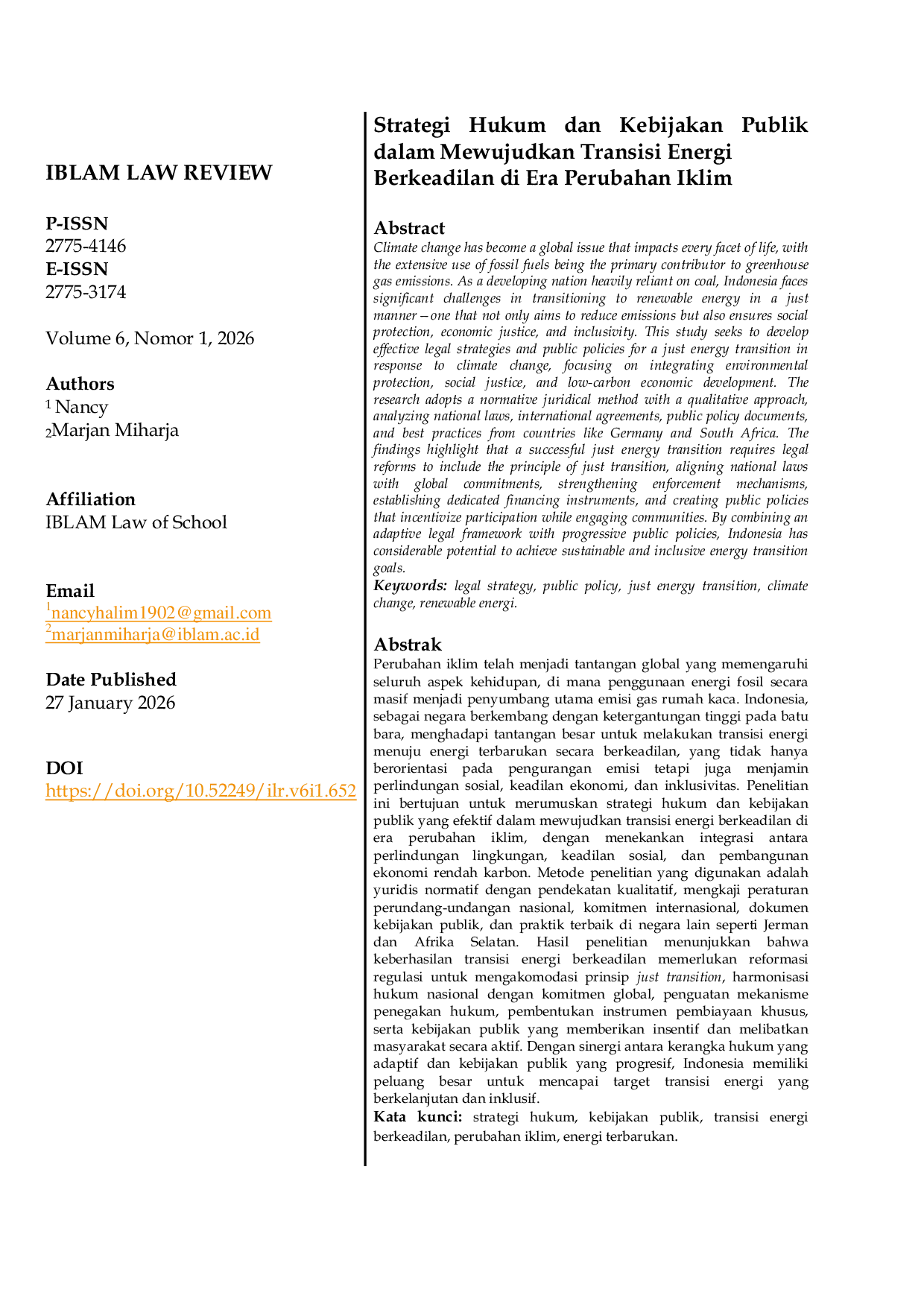 JURIS Strategi Hukum dan Kebijakan Publik dalam Mewujudkan Transisi Energi Berkeadilan di Era Perubahan Iklim