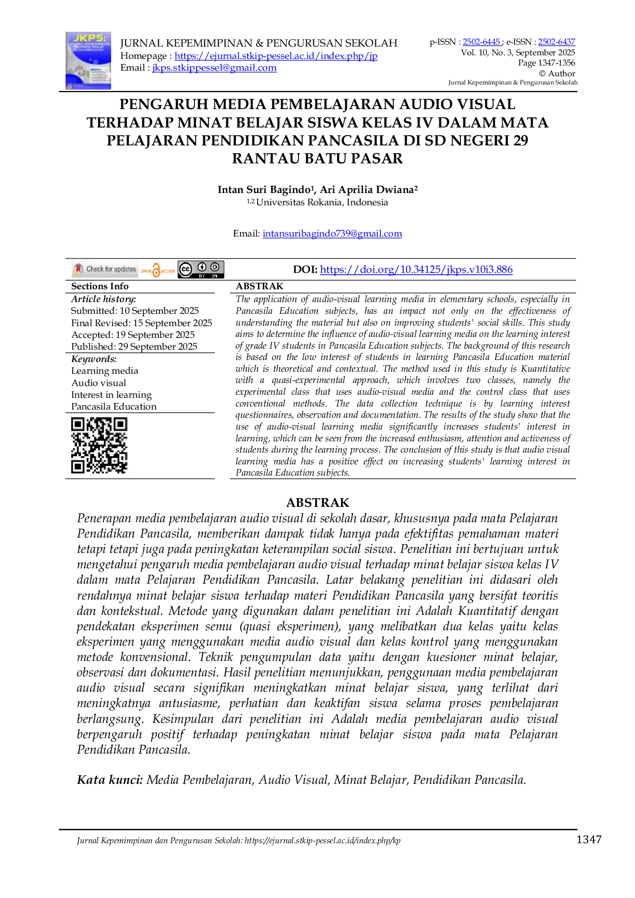 JURIS Pengaruh Media Pembelajaran Audio Visual Terhadap Minat Belajar Siswa Kelas Iv Dalam Mata Pelajaran Pendidikan Pancasila Di SD Negeri 29 Rantau Batu Pasar