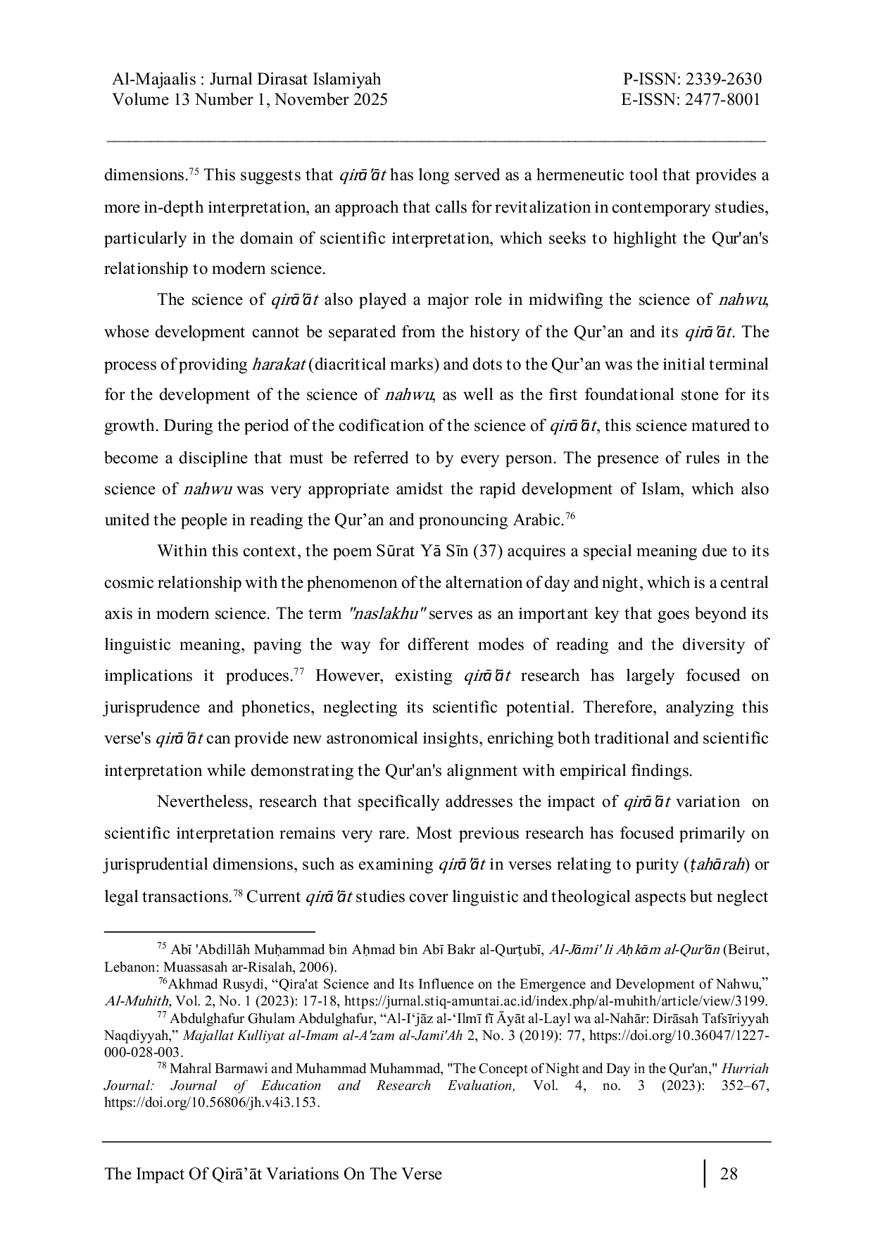JURIS The Impact of QirA At Variations on the Verse Wa Ayatun Lahumu Al Laylu Naslakhu Minhu An NahAra YA Sn 37 and Its Reflections in Scientific Exegesis