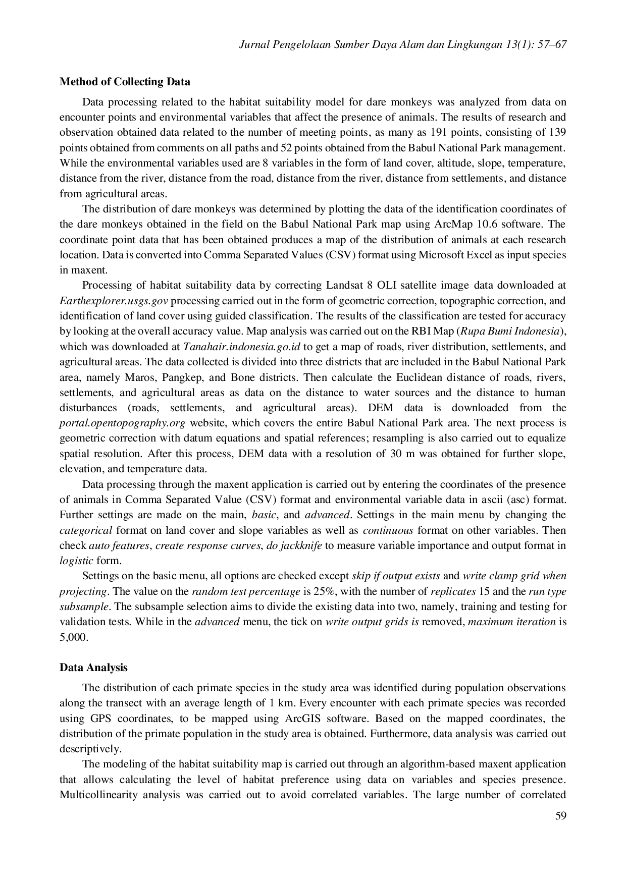 juris Modeling The Habitat Suitability of Dare Monkey Macaca maura Hr Schinz 1825 in Bantimurung Bulusaraung National Park South Sulawesi