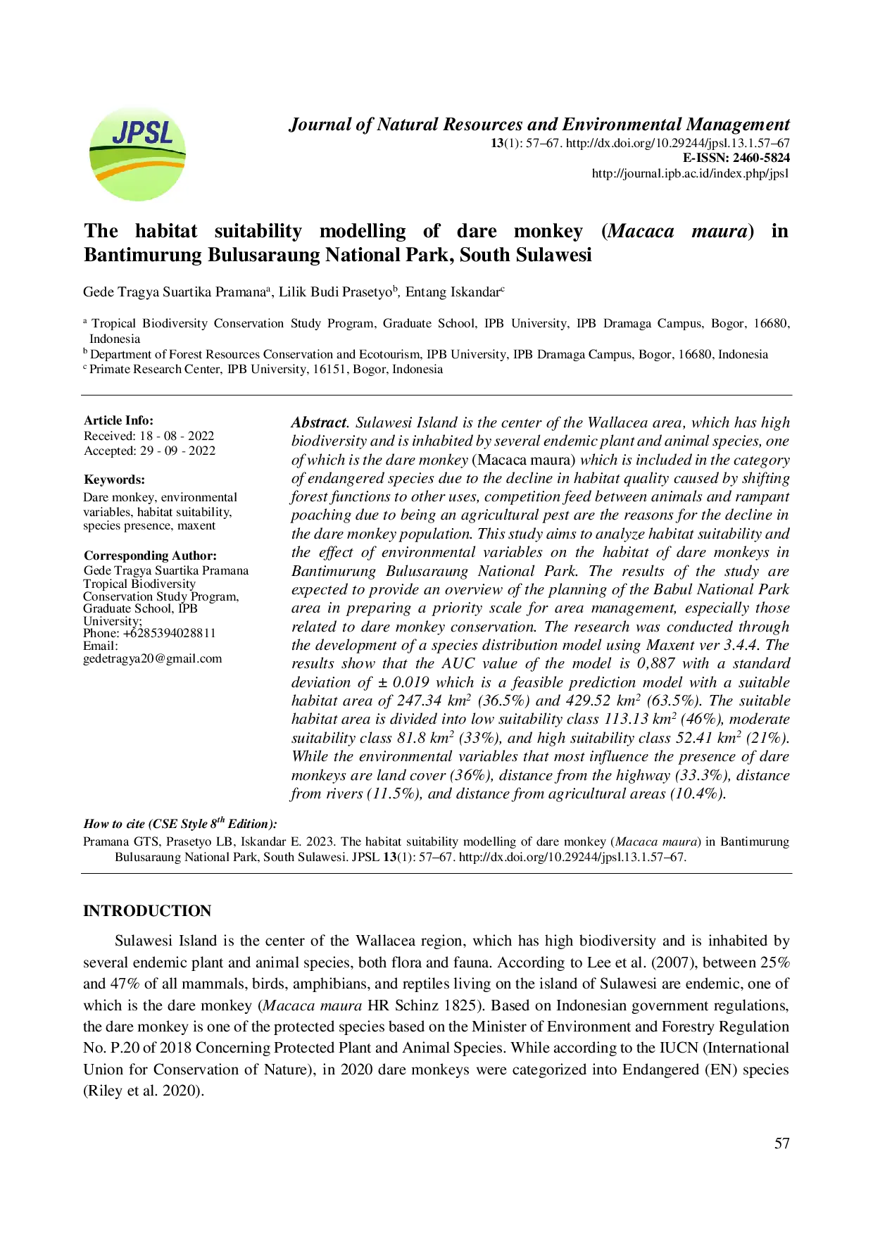 juris Modeling The Habitat Suitability of Dare Monkey Macaca maura Hr Schinz 1825 in Bantimurung Bulusaraung National Park South Sulawesi