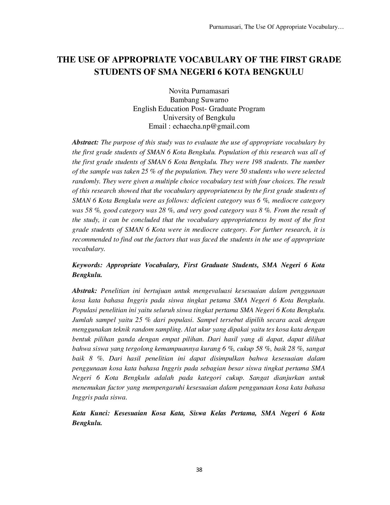 juris The Use of Appropriate Vocabulary of the First Grade Students of SMA Negeri 6 Kota Bengkulu