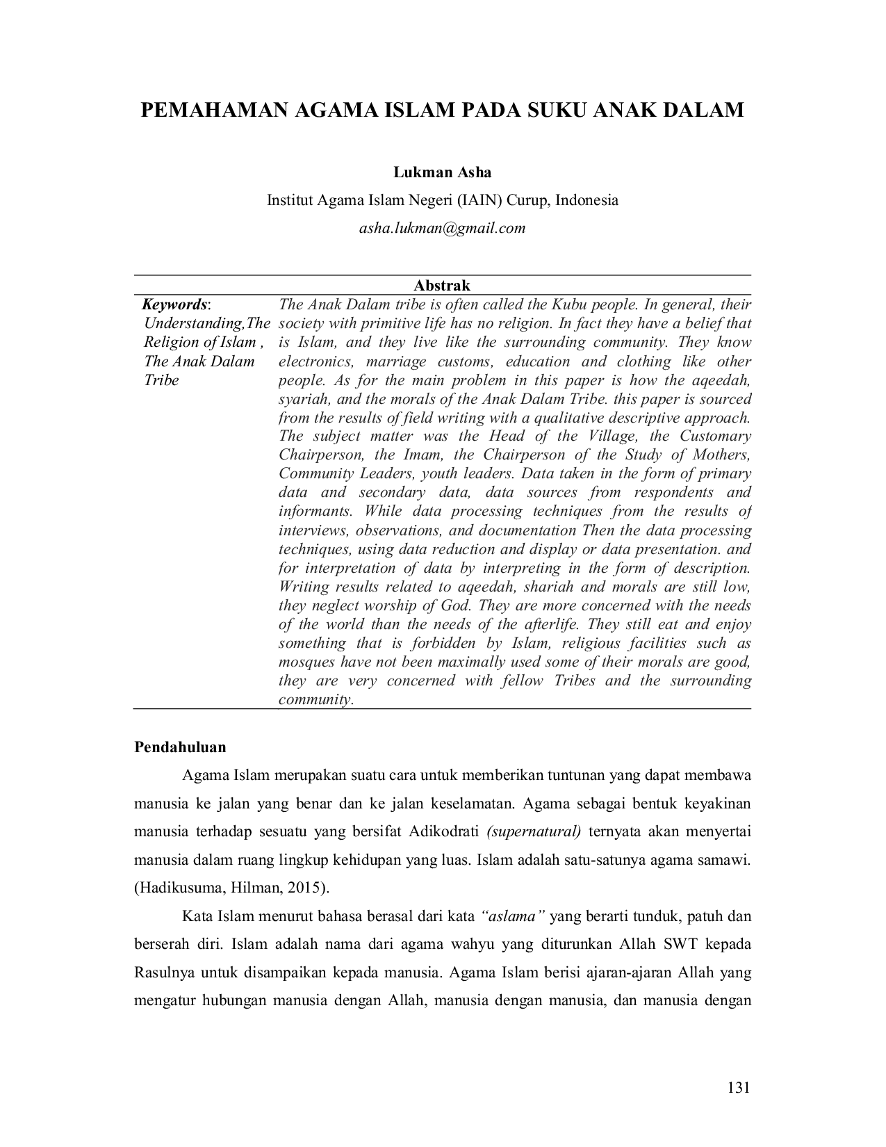 JURIS Pemahaman Agama Islam Pada Suku Anak Dalam