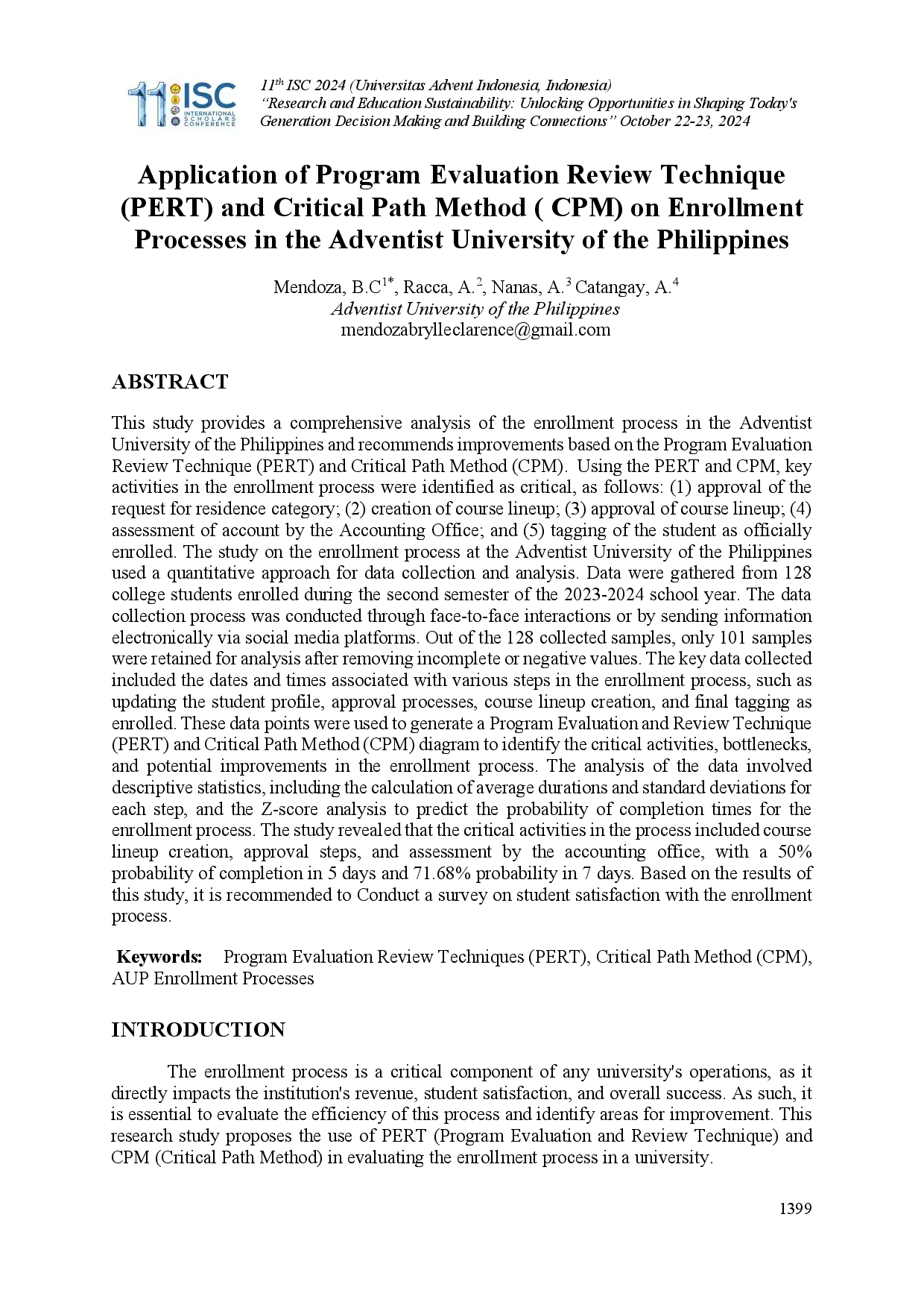 juris Application of Program Evaluation Review Technique PERT and Critical Path Method CPM on Enrollment Processes in the Adventist University of the Philippines