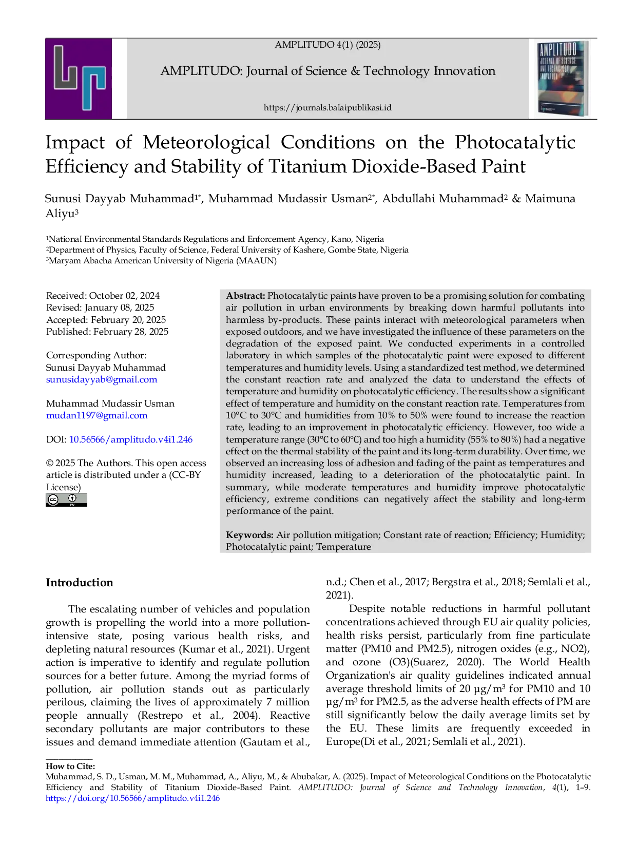 JURIS Impact of Meteorological Conditions on the Photocatalytic Efficiency and Stability of Titanium Dioxide Based Paint
