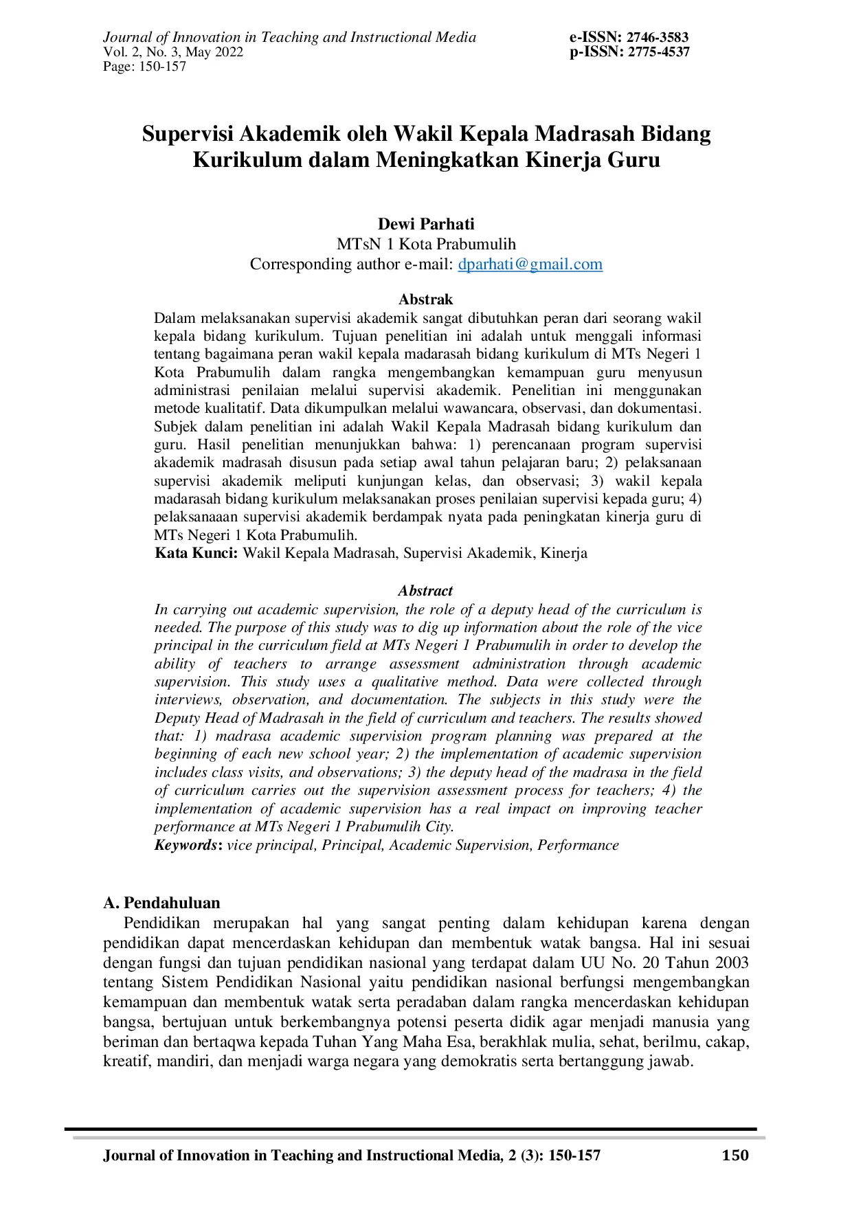 JURIS Supervisi Akademik oleh Wakil Kepala Madrasah Bidang Kurikulum dalam Meningkatkan Kinerja Guru