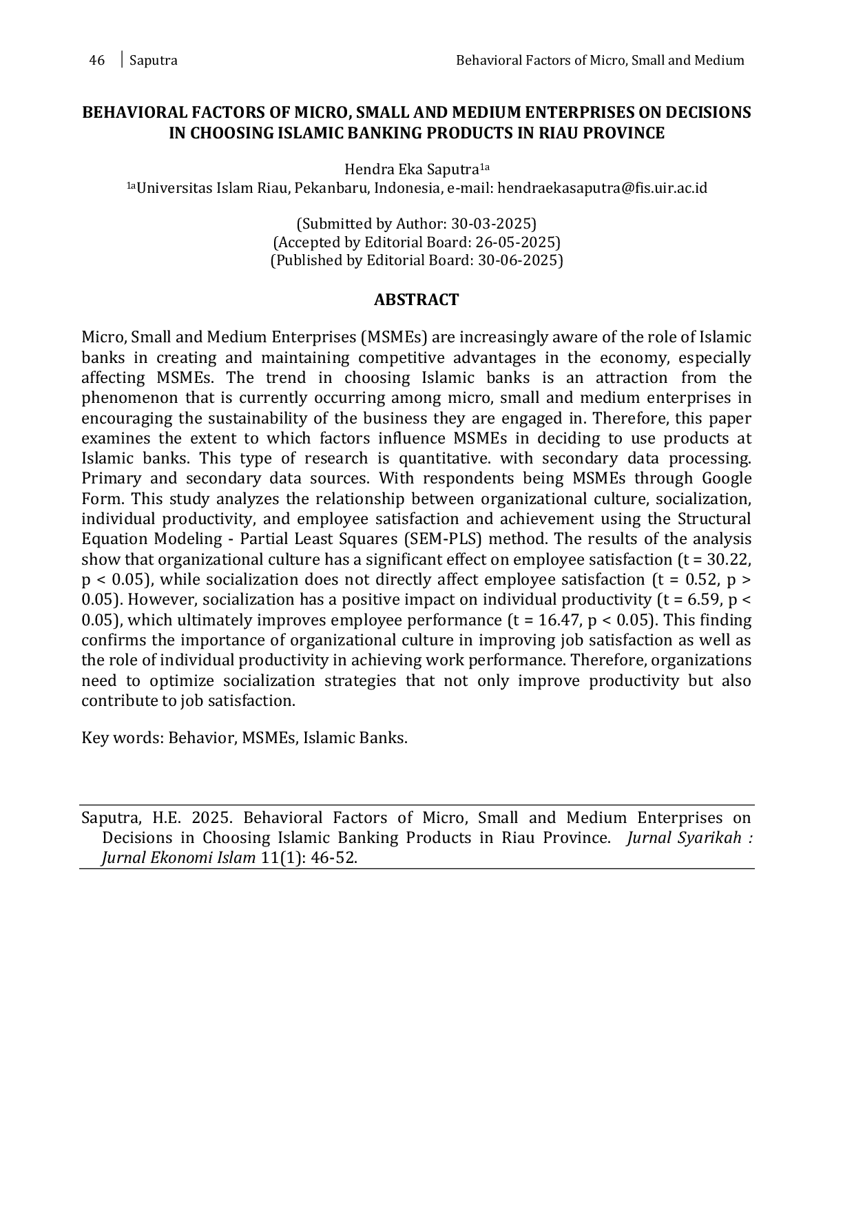 JURIS Behavioral Factors Of Micro Small And Medium Enterprises On Decisions In Choosing Islamic Banking Products In Riau Province