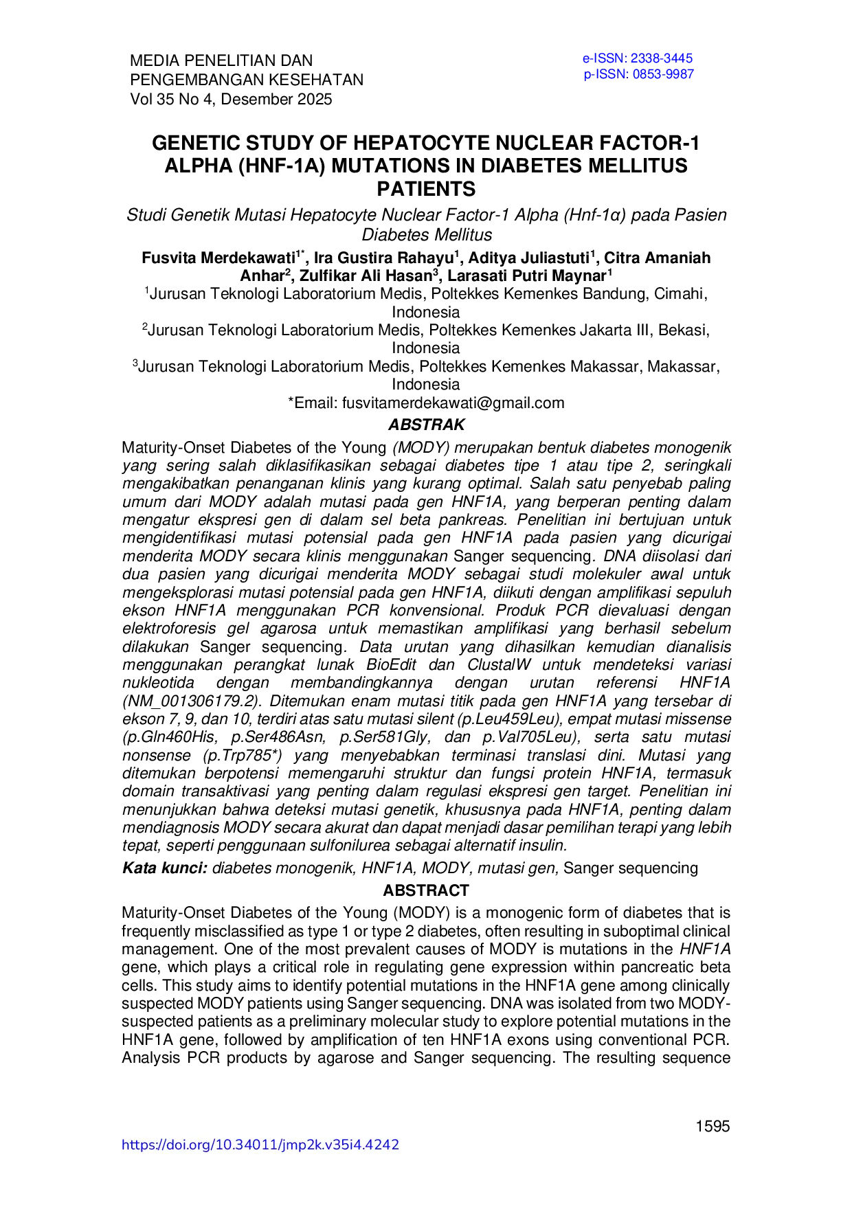 JURIS Genetic Study Of Hepatocyte Nuclear Factor 1 Alpha Hnf 1 Mutations In Diabetes Mellitus Patients