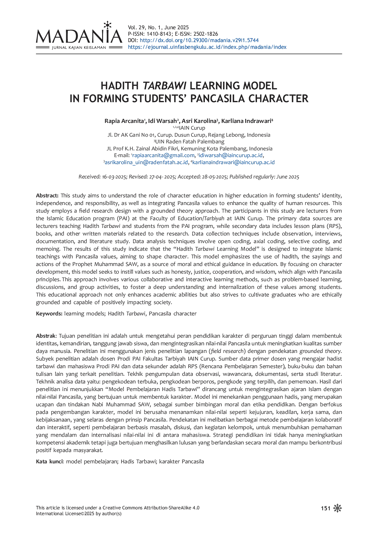 JURIS Hadith Tarbawi Learning Model in Forming Students Pancasila Character