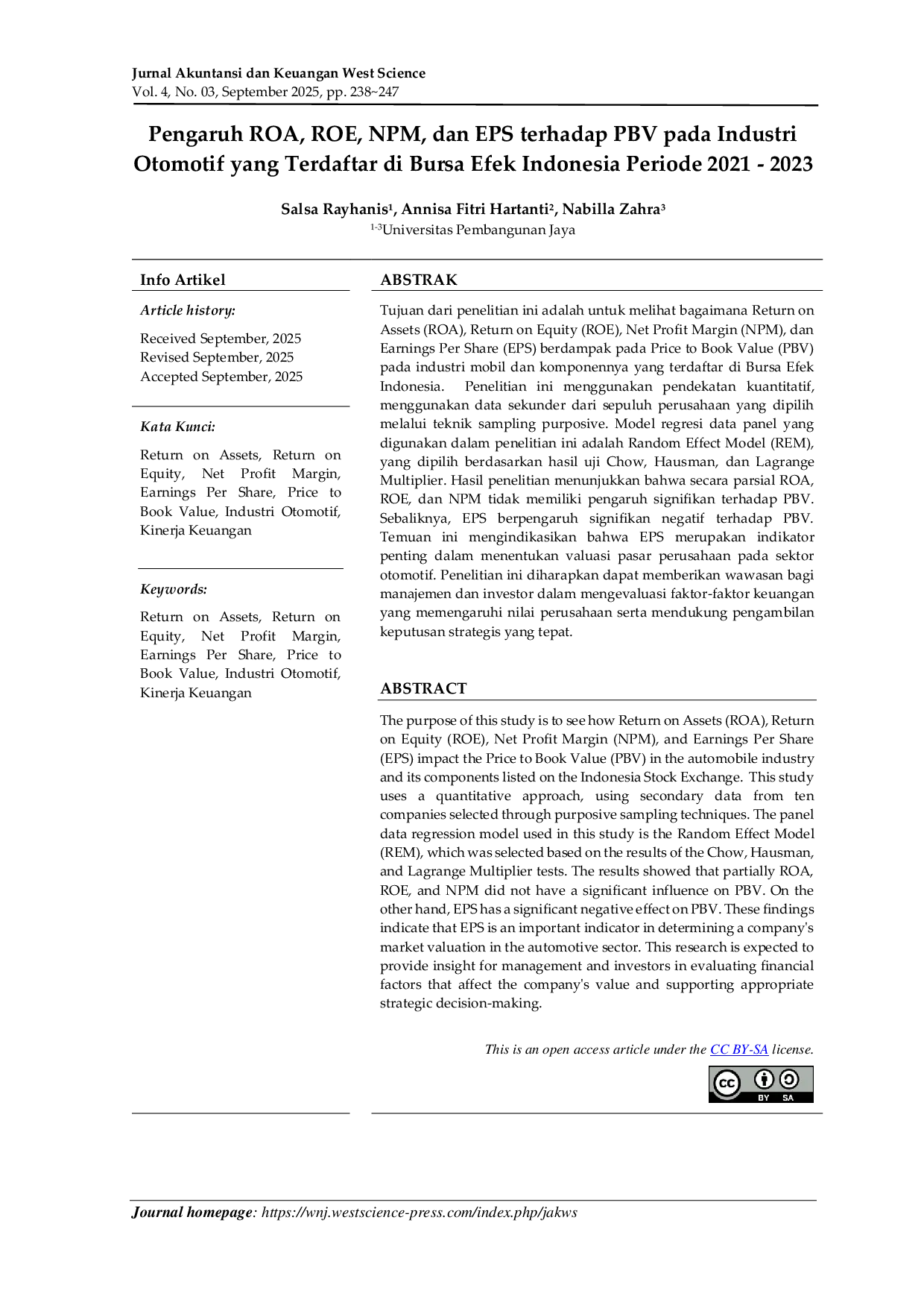 JURIS Pengaruh ROA ROE NPM Dan EPS Terhadap PBV Pada Industri Otomotif Yang Terdaftar Di Bursa Efek Indonesia Periode 2021 2023