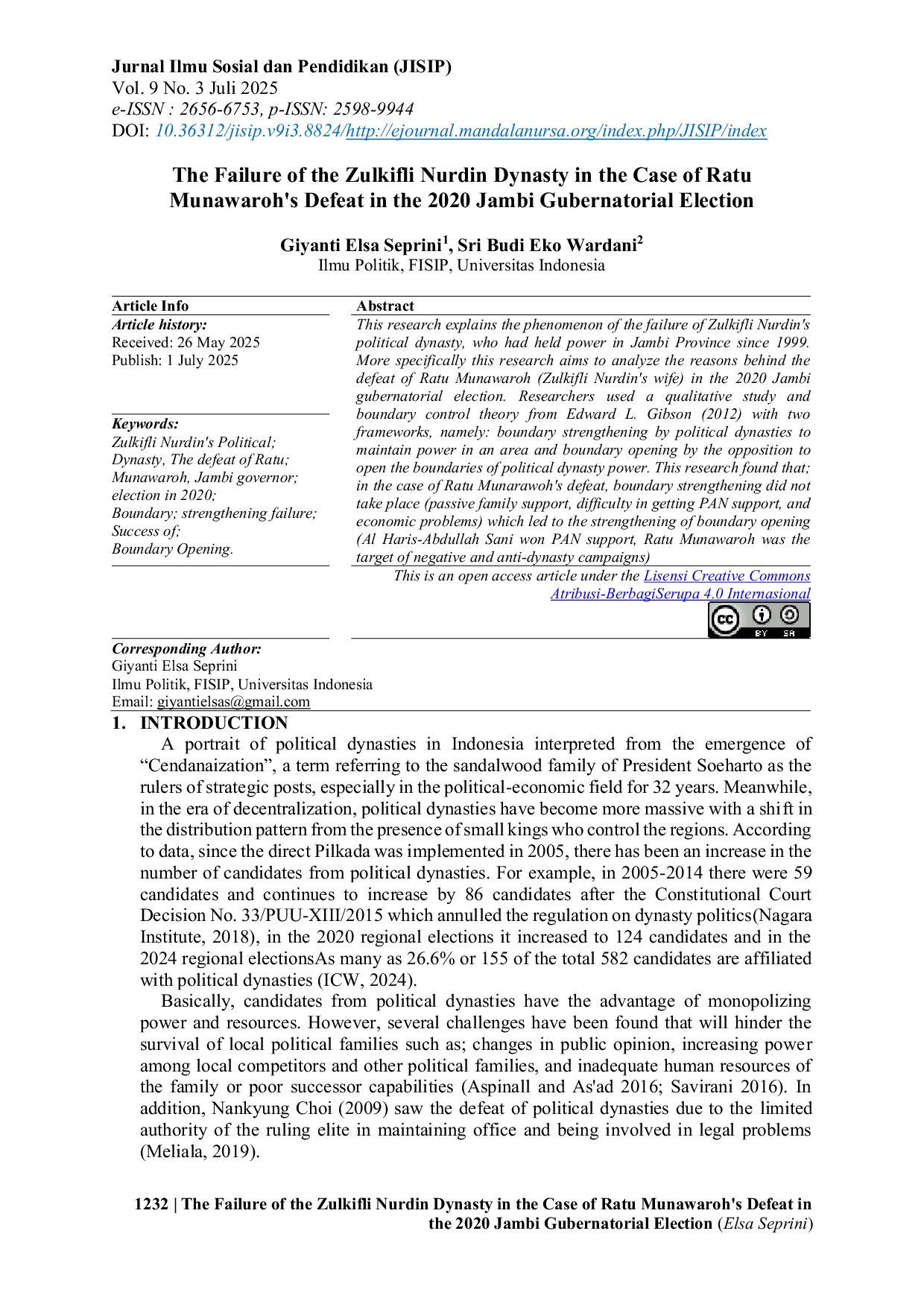 JURIS The Failure of the Zulkifli Nurdin Dynasty in the Case of Ratu Munawaroh s Defeat in the 2020 Jambi Gubernatorial Election