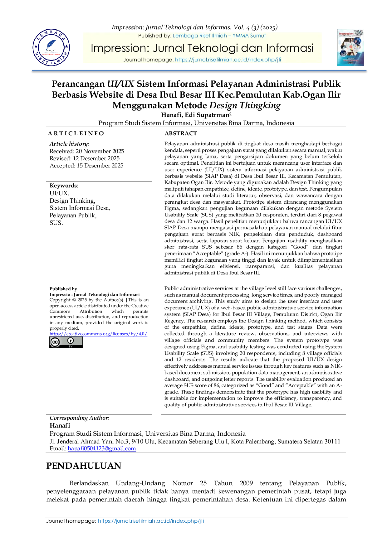JURIS Perancangan UI UX Sistem Informasi Pelayanan Administrasi Publik Berbasis Website di Desa Ibul Besar III Kec Pemulutan Kab Ogan Ilir Menggunakan Metode Design Thingking