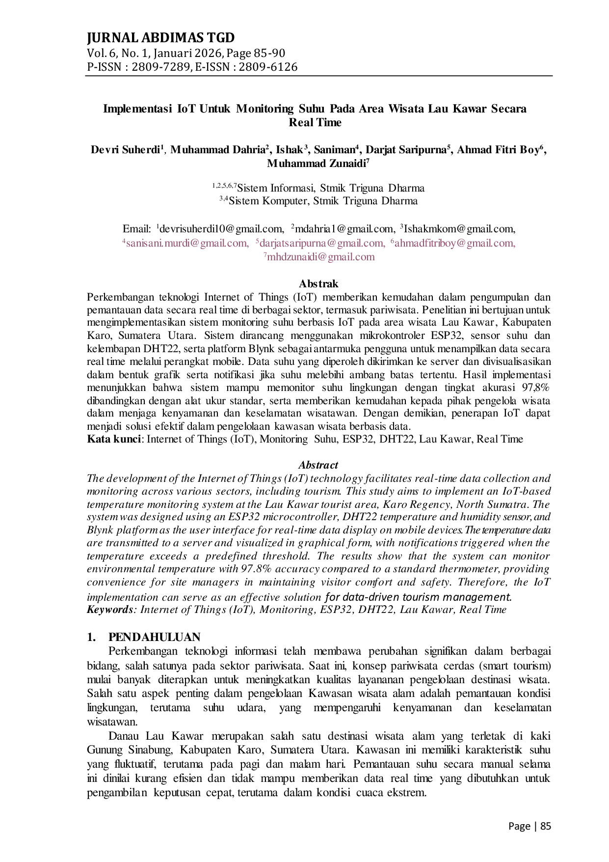 JURIS Implementasi IoT Untuk Monitoring Suhu Pada Area Wisata Lau Kawar Secara Real Time
